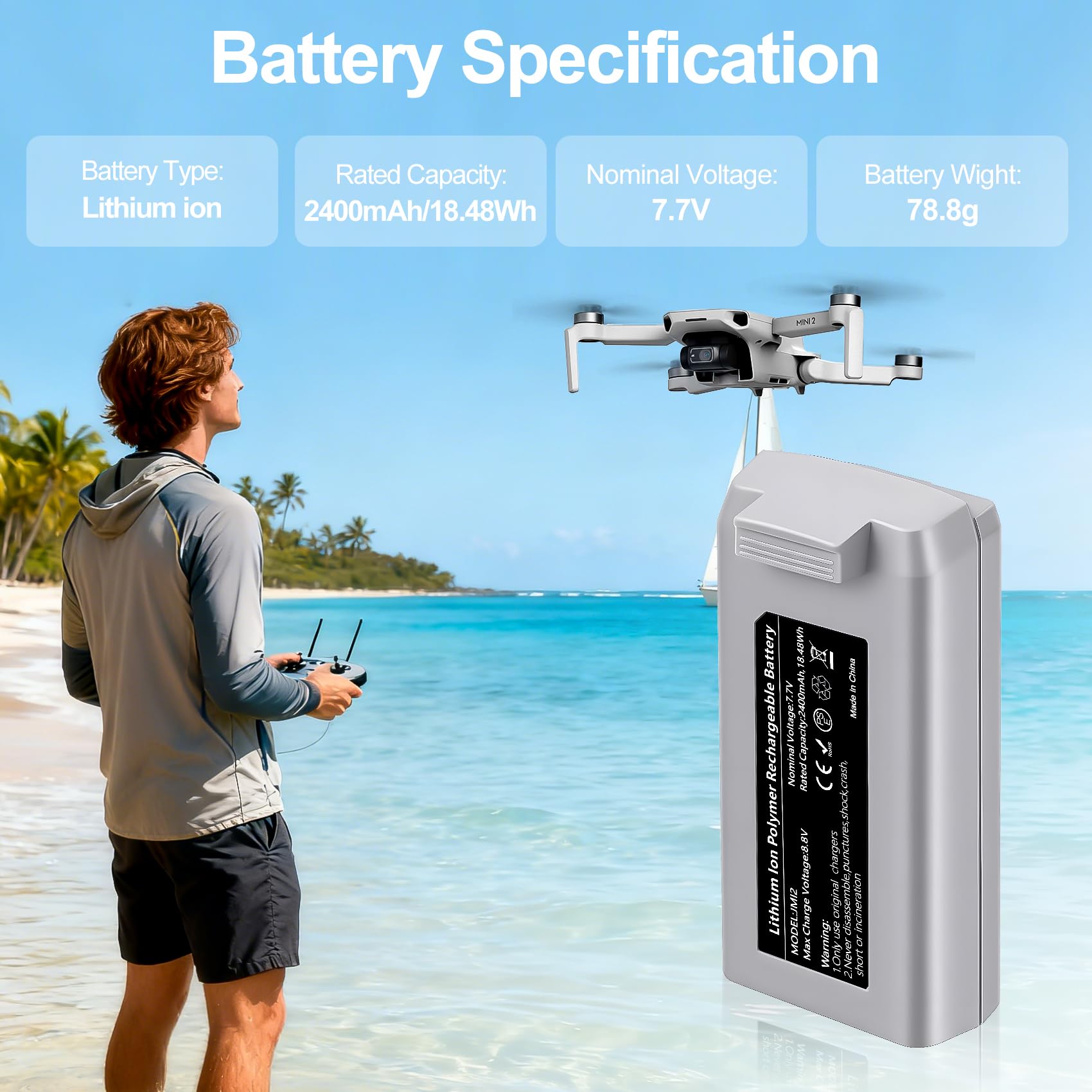 Mini 2 (1 pièce) Batterie de vol intelligente haute capacité rechargeable 2400 mAh 7,7 V pour 31 minutes de vol maximum, compatible avec DJI Mini 2/2 SE/SE/4K