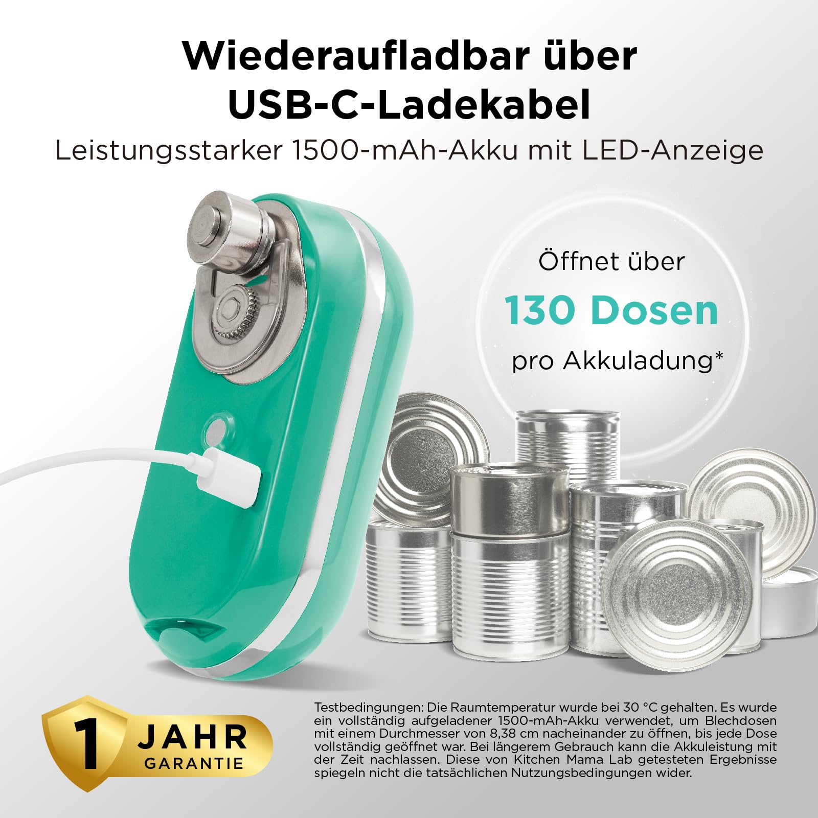 Kitchen Mama Mini Plus Wiederaufladbarer elektrischer Dosenöffner: Kompakt, Aufladen über Typ-C Ladekabel, freihändig, automatische Abschaltung, glatte Ränder, lebensmittelecht (Türkis)