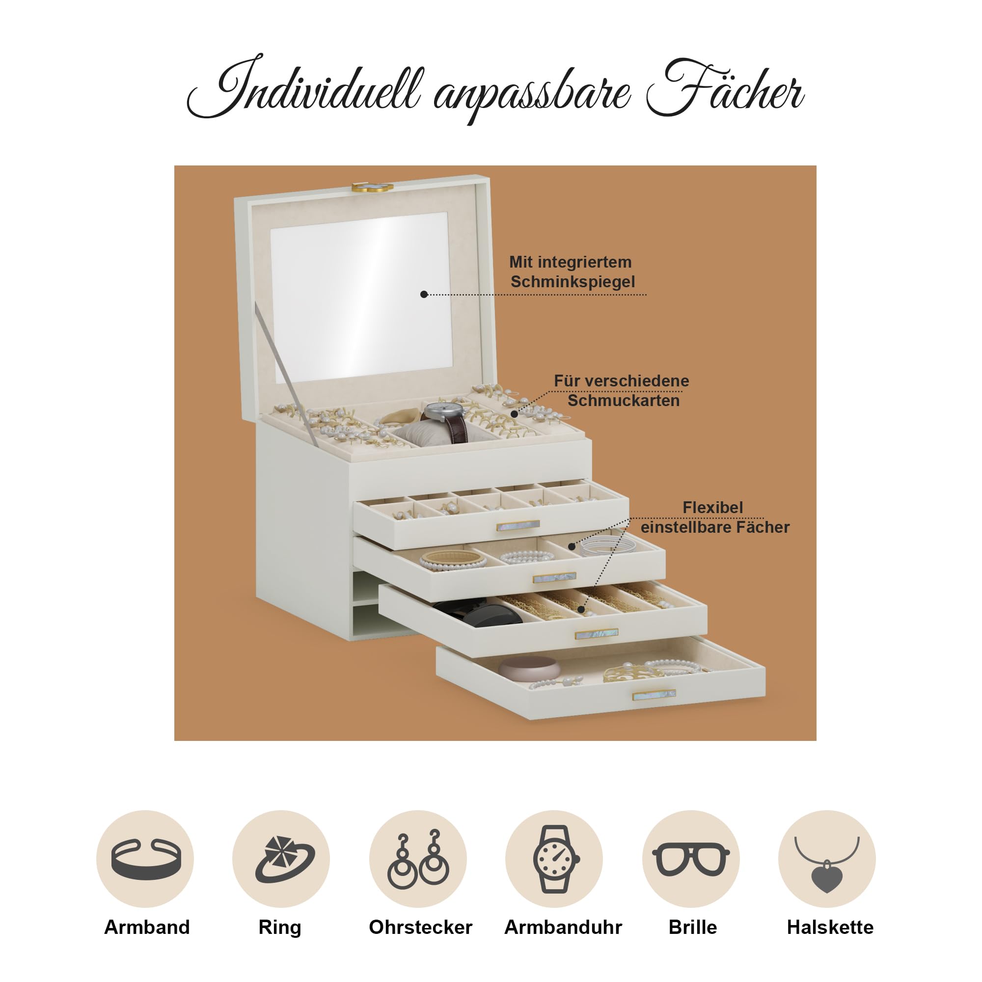 ADEL DREAM Portagioie a 5 ripiani con bottone a forma di quadrifoglio, con vassoio estraibile, organizer per gioielli con grande specchio, scomparti regolabili fai da te, per mamme e ragazze bianco