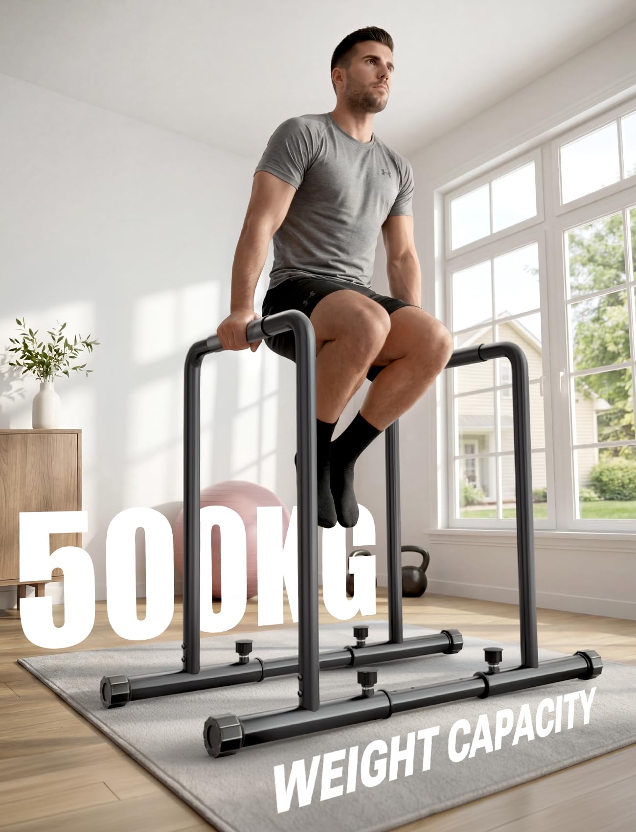 Yoleo Dip Bar regolabile – 500 kg Dip Station, portatile, funzionale, barra fitness con connettore di sicurezza, robusto supporto per dip, body press, barra parallela per esercizi calisthenics