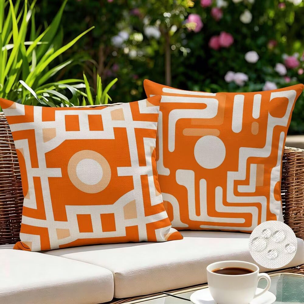 Federe Cuscini da Esterno Impermeabili 65x65 Arancione Copri Cuscini per Divano Moderno Federa Cuscino Geometrico Decorativi Copricuscini per Divano Giardino Soggiorno Copricuscino Set di 2 (IU347)