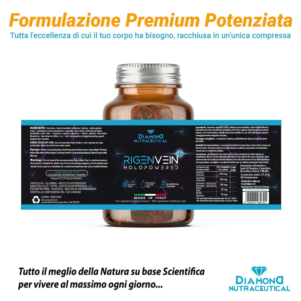 RIGEN-VEIN PLUS Integratore Nutraceutico Potenziato con Diosmina, Bromelina, Esperidina e Mirtillo per Gambe Gonfie, Capillari e Microcircolo - 60 Compresse