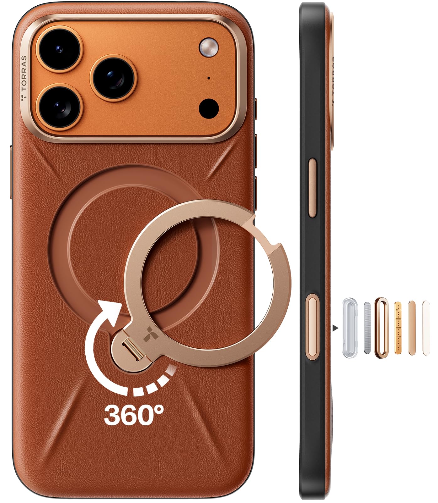 TORRAS Ostand Q3 VegSkin für iPhone 17 Pro Max Hülle (Nachhaltig Silikonleder) (360° Magnetischer Unsichtbarer Ständer) Premium Haptik Langlebig Hülle iPhone 17 Pro Max Case Edle Lederstruktur Braun