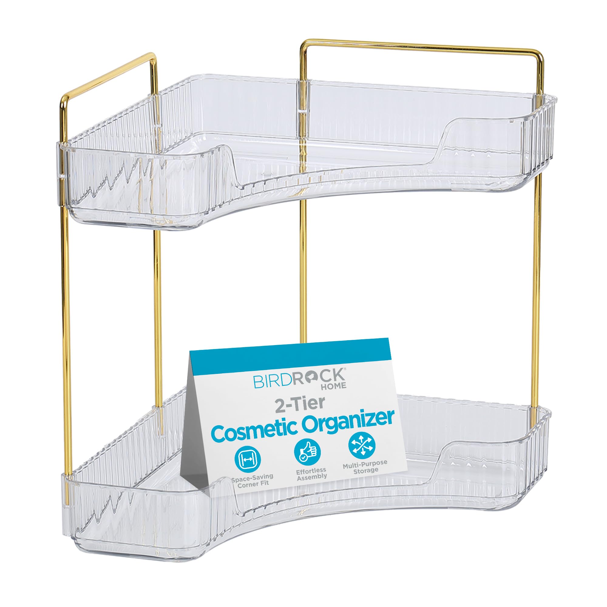 BIRDROCK HOME 2-Tier Corner Cosmetic Organizer - Clear Shelves with Gold Hardware, Easy Assembly, Durable Design for Makeup, Perfumes, and Self-Care Products
