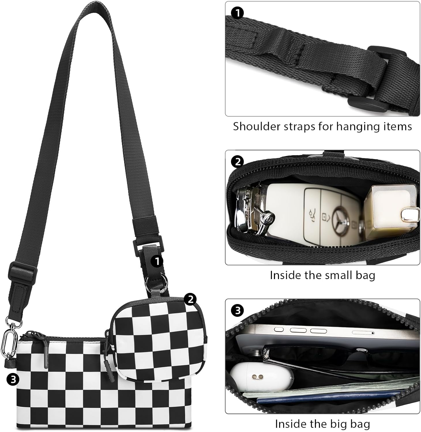 Small Checkered Dual-Pouch Sling Bag for Women Shoulder Fashion Designer Mini Crossbody Trendy Belt Purse - Image 5
