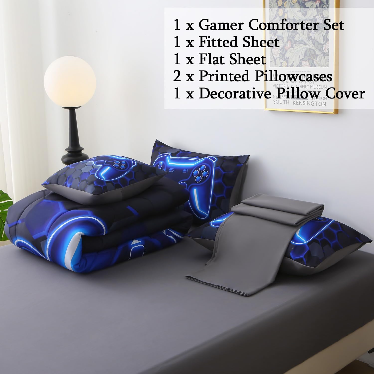 JQinHome Twin Size Gaming Bedding Set 6-Piece Comforter for Boys Teens - 3D Video Game Print Bed in a Bag with Sheets, Blue Cool Black Design (Twin)