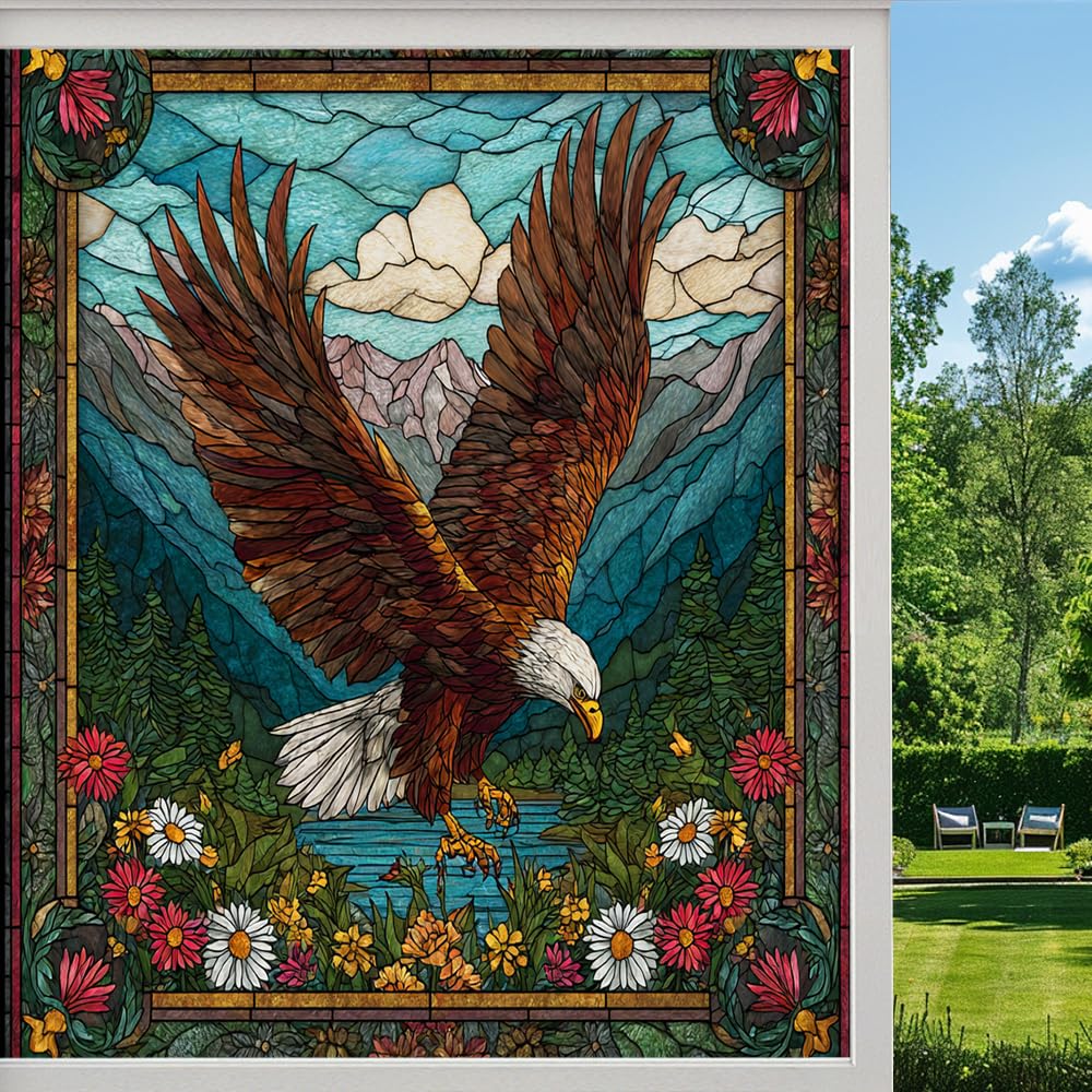 Eagle Valley Landscape Frosted Window Film, Colorful Wildflower View Stained Glass Privacy Film, Heat Insulation Self-Adhesive Vinyl for Bathroom Office, （45x60cm）