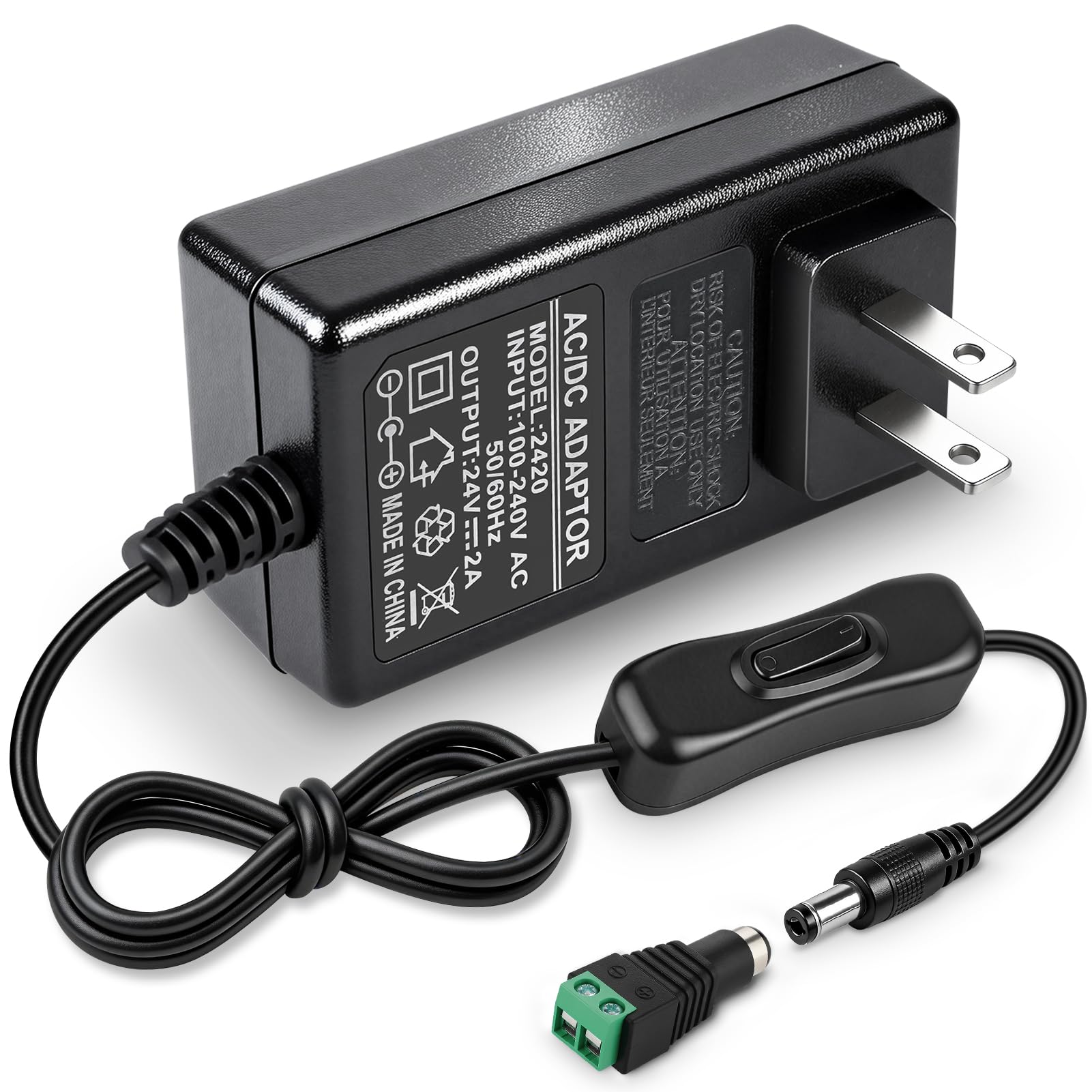 Photo 1 of 24V 2A Power Supply, 48W 24 Volt DC Power Adapter with On/Off Switch, 110V AC to 24V Transformer Plug for LED Strip Lights with 5.5x2.1mm DC Female Connector, Black