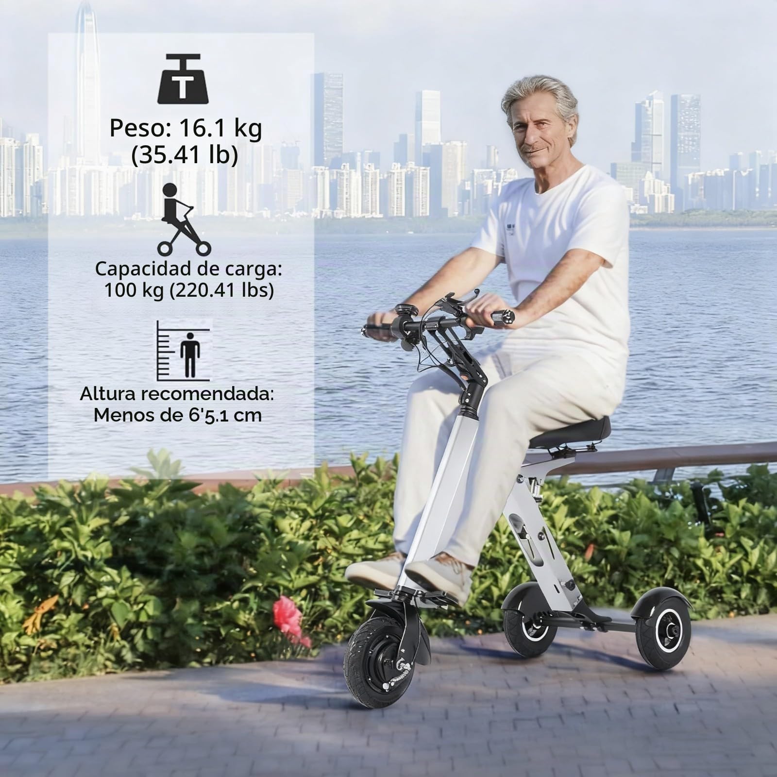 Scooter Movilidad para Adultos 3 Ruedas, Triciclo Eléctrico Ligero con Asiento Y Batería Extraíble, Función Marcha Atrás Interruptor Llave para Desplazamientos Y Viajes A