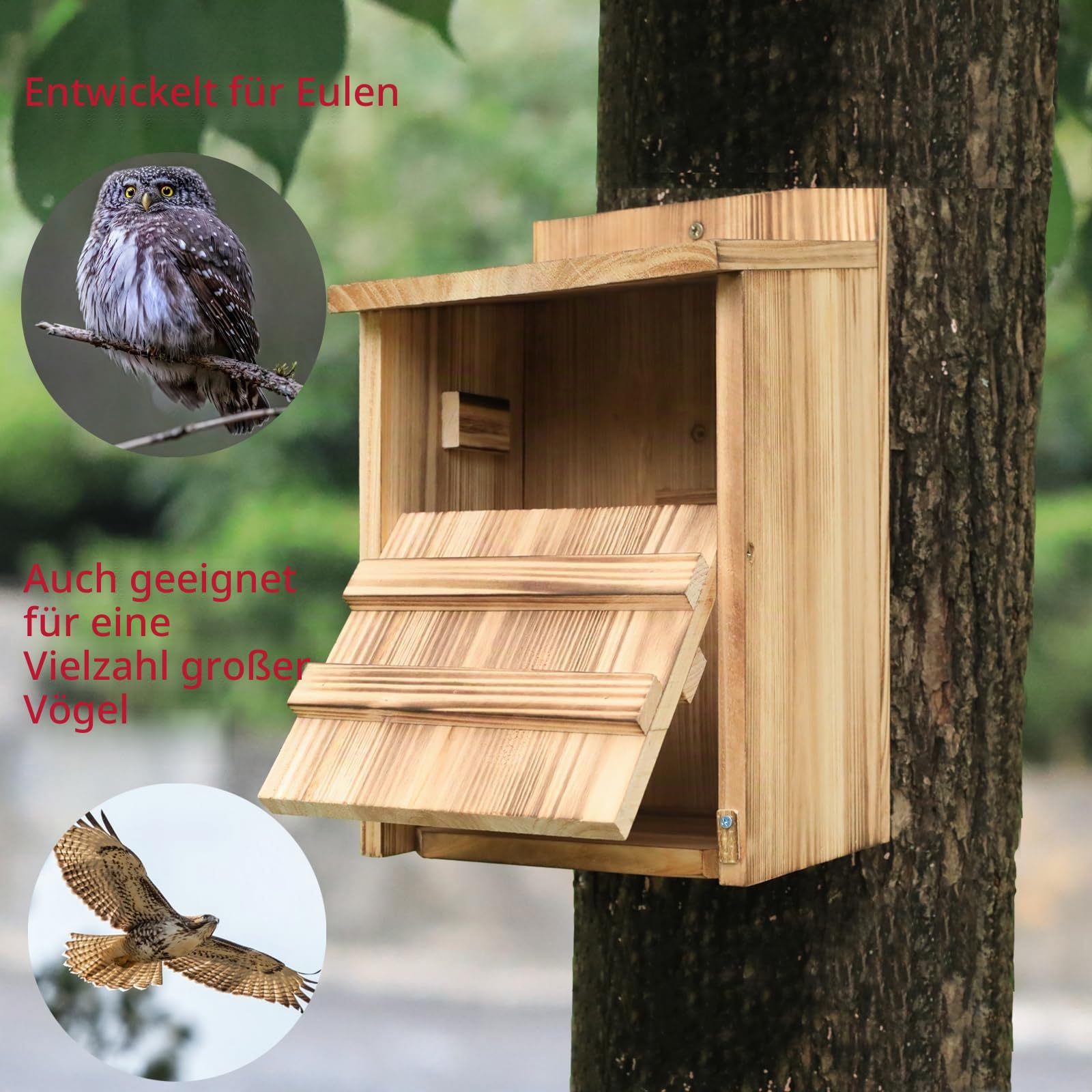 STARSWR Eulenhaus für den Außenbereich, kreischender Nistkasten, Säge, Wetzkasten, großes Vogelhaus für draußen, großes Holz, rechteckige Öffnung, Vogelbox