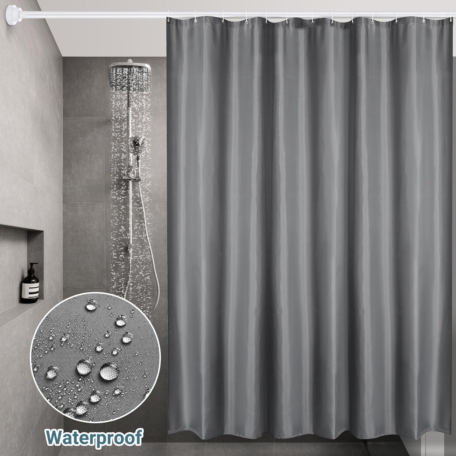 Hotel Luxury Grey Shower Curtain for Bathroom, Polyester Fabric Waterproof Shower Curtain, Machine Washable Bath Curtains, Weighted Bathroom Curtains with Hooks, 94.5" W x 78.7" H