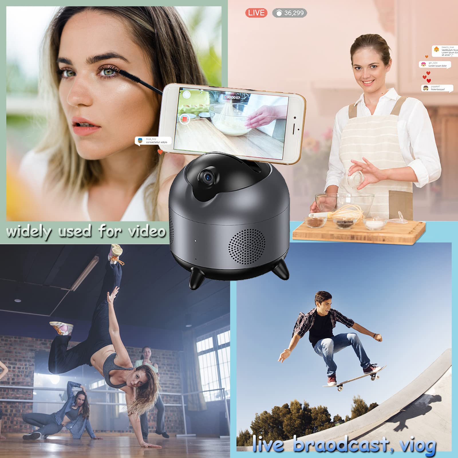 Bastone Selfie con 360° Rotazione Intelligente, Smart Phone Holder con AI Tracciamento Automatico, Cassa Bluetooth e Microphone, Nessuna APP per Lo Streaming Video in Diretta(Nero).