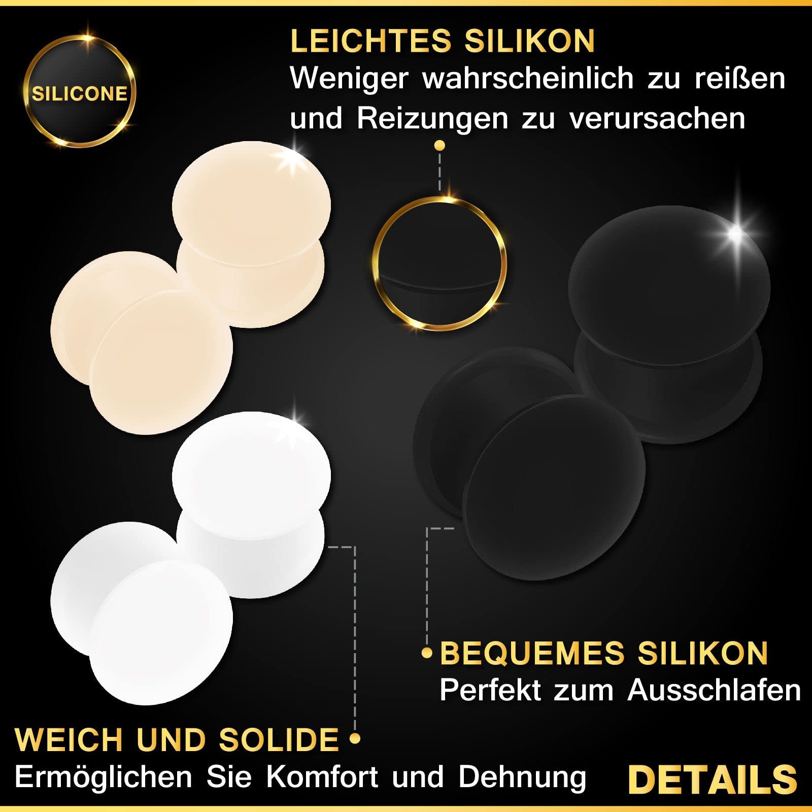 6 Stück Silikon Schwarz Hautfarbe Weiß Double Flared Schmuck