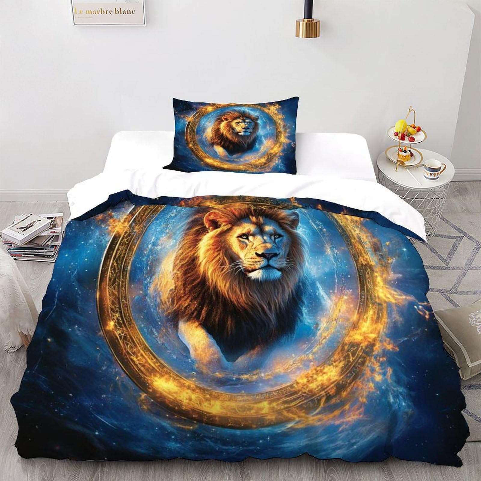 Housse de couette lion flamme pour lit simple et chambre d'enfant thème animaux sauvages
