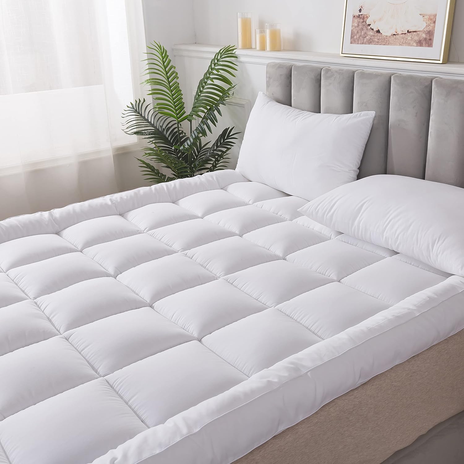 10cm Premium Microfibre Mattress Topper, Extra Filled Quilted Mattress Topper with Elasticated Corner Straps, Box Stitched Bed Topper for Single Double King Super King Beds (Single(90x190CM))
