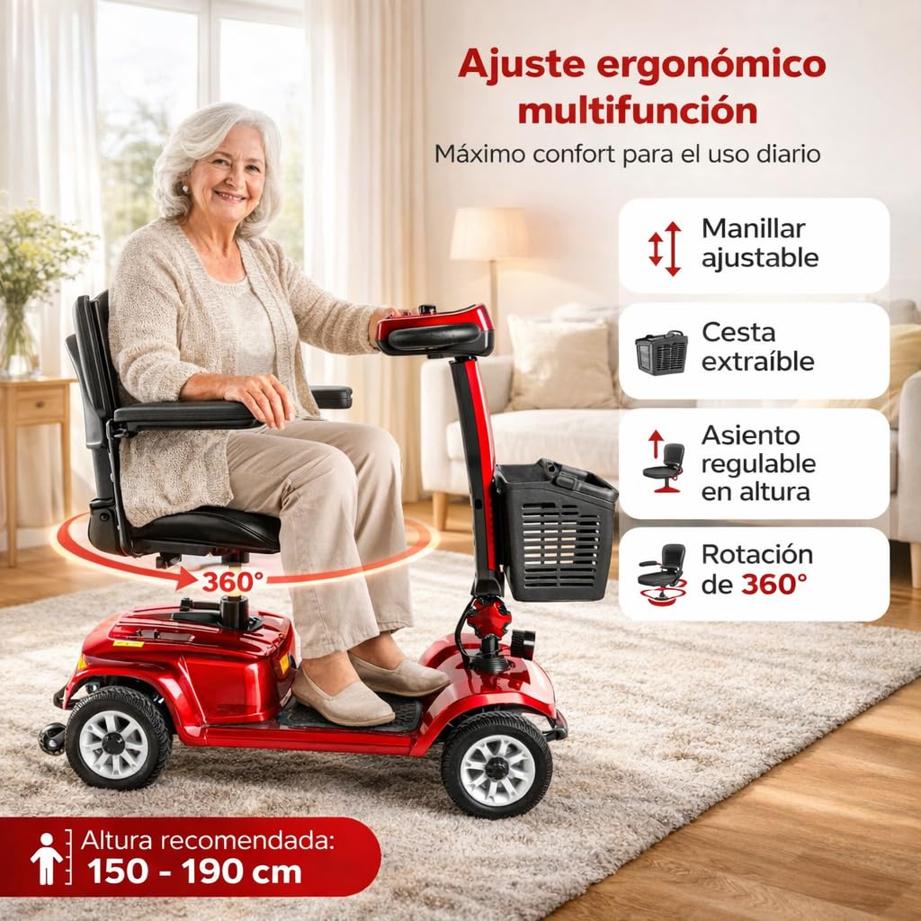 Scooter de Movilidad Eléctrico de 4 Ruedas, Plegable, para Personas Mayores y Movilidad Reducida, Autonomía de hasta 20 km, Neumáticos Antipinchazos, Rojo