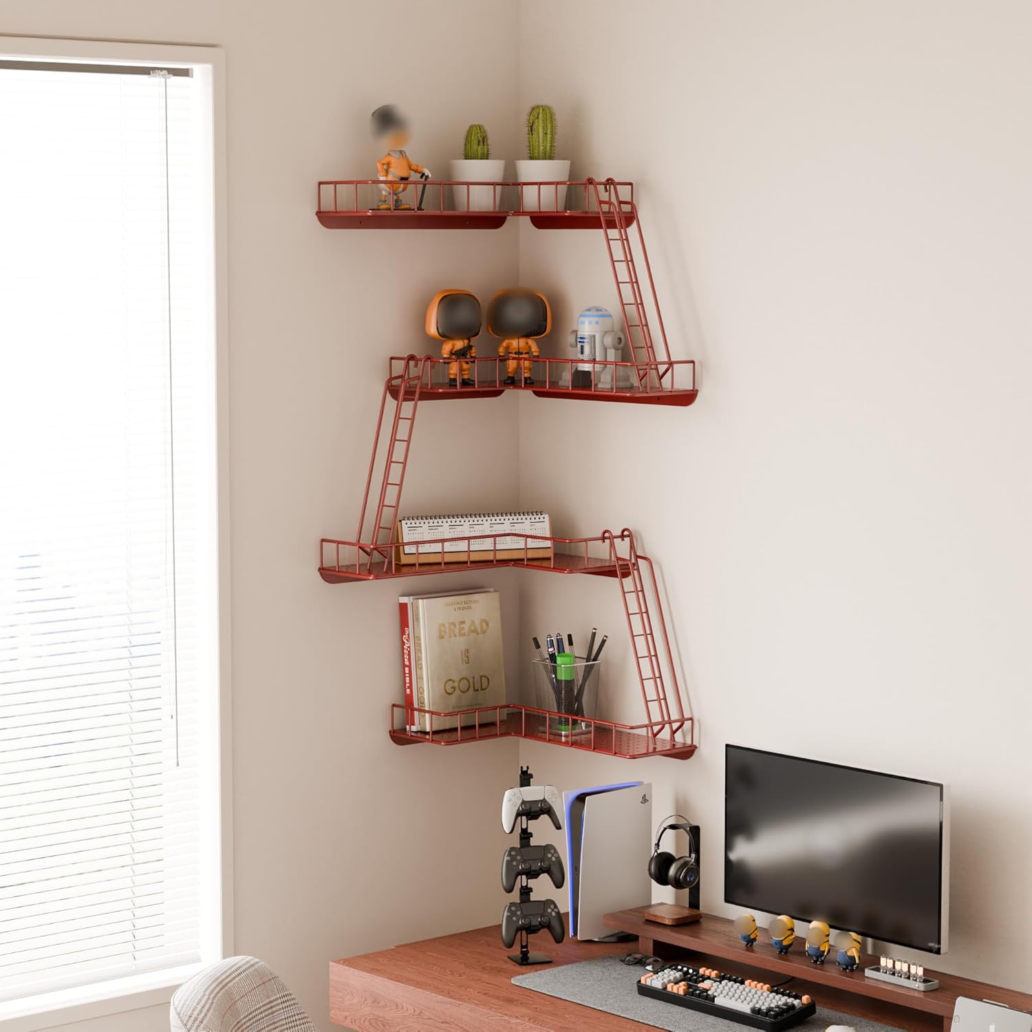 Fire Escape Wall Shelf - Modern City Style 4-Tier Corner Wall Shelves, Easy to Install Metal Ladder Shelf for Figures, New York Decorative Shelves for Bathroom, Living Room & Home Decor, Red