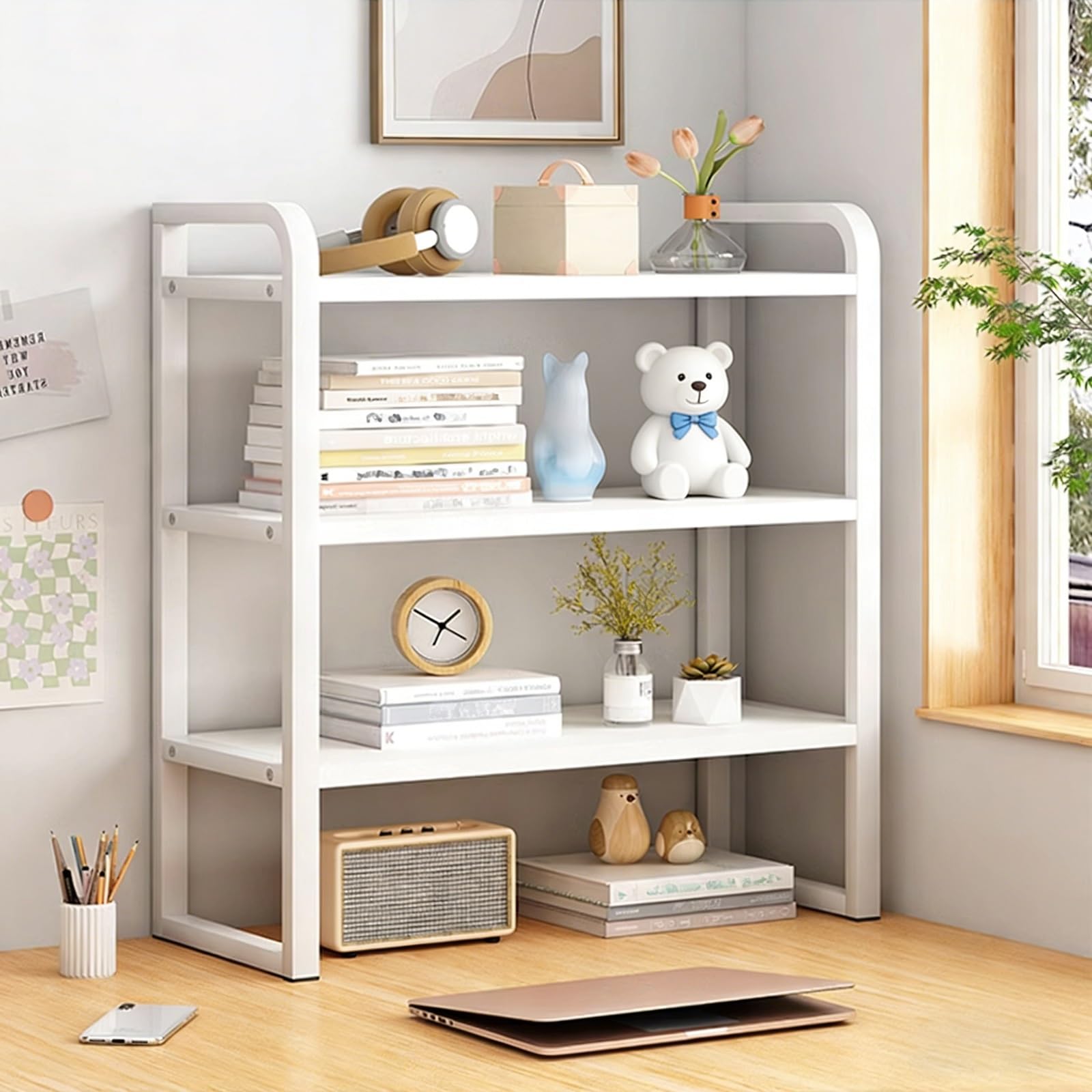Estantería de Sobremesa Libros, Organizador de Estantería de Escritorio, 3 Niveles, Estantes Ajustables, para Dormitorio, Oficina, Mesas de Computadora, Cocinas