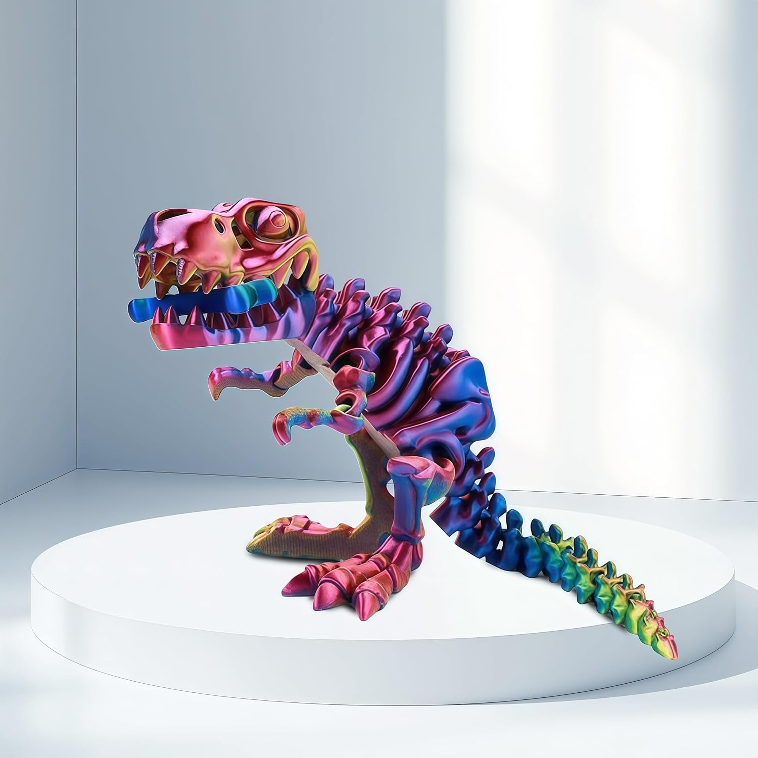 3D Printed T-Rex Action Figure, Multicolor Gradient Dinosaur Model for Home Desktop Display, Colorful