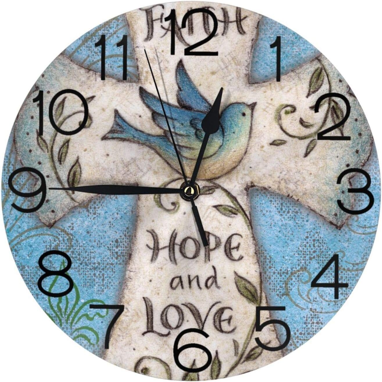 Hope and Love Religious Easter Faith Wall Clock Silent Non-Ticking 10 Inch Round Wall Clock Home Decor Clock Art for Living Room Kitchen Bedroom