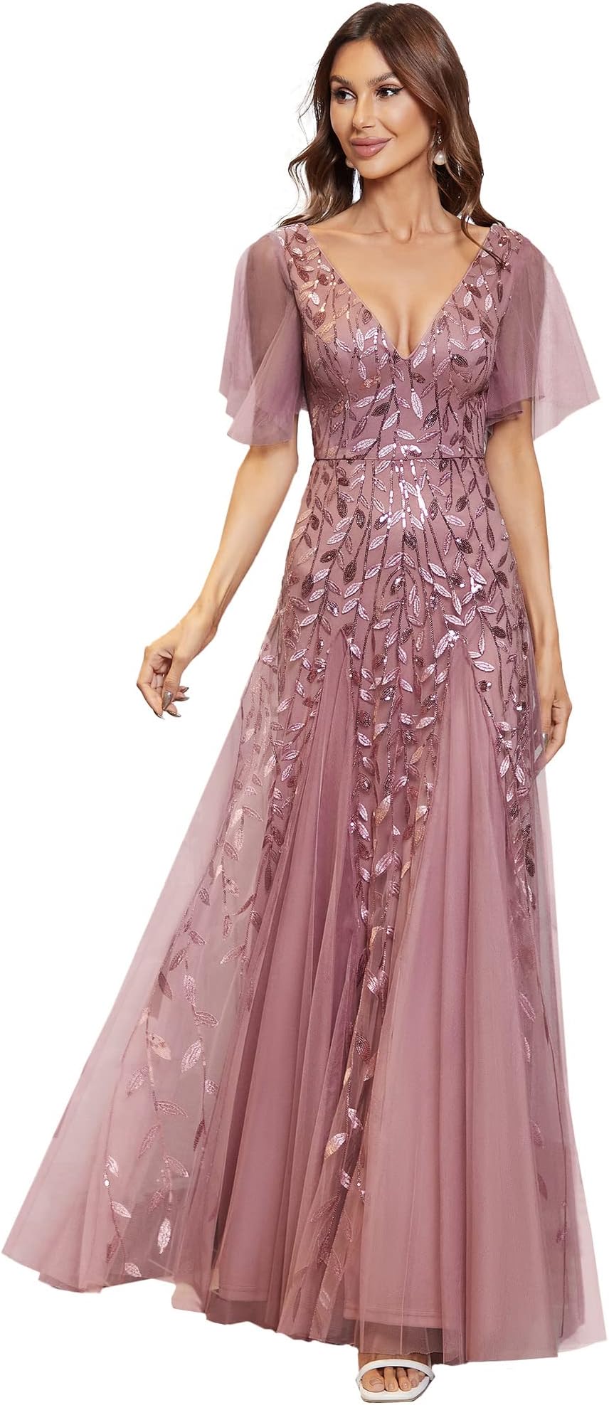 Ever-PrettyWomen's Sequin Sparkly V-Neck Short Sleeve Maxi Evening Dress 00734