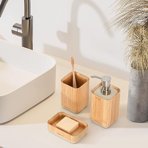 Miniatura 4 de Juego de accesorios de baño de bambú, accesorios de baño de madera de bambú, incluye dispensador de jabón de bambú, vaso, jabonera, con base de