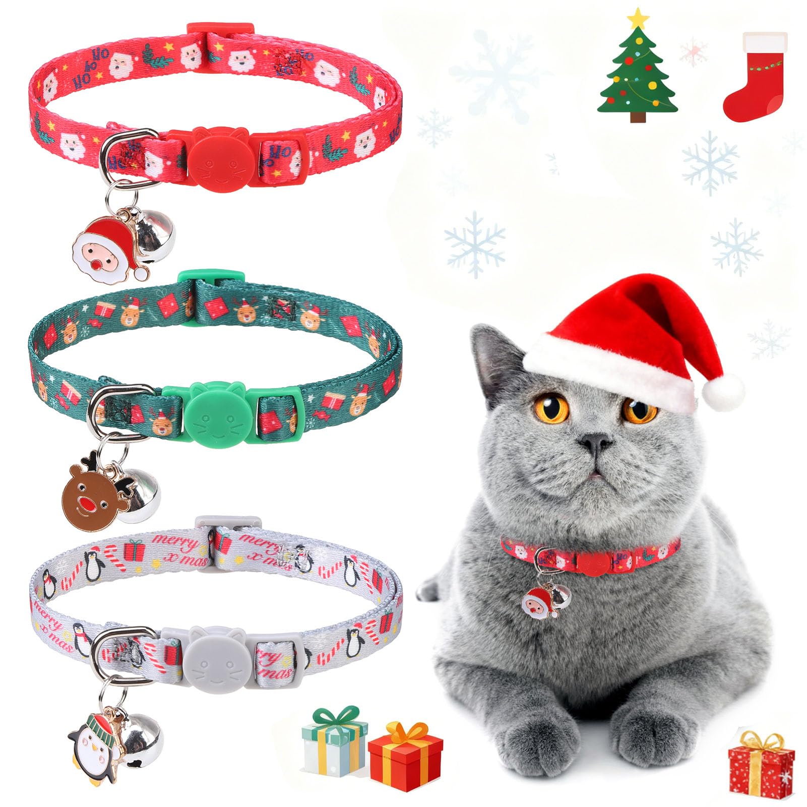 DILLYBUD 3 Pack Christmas Cat Collars Breakaway with Bell & Charm-Holiday Cat Collar for Girl Boy Cats with Safety Buckle- Cute Santa Snowman Kitten