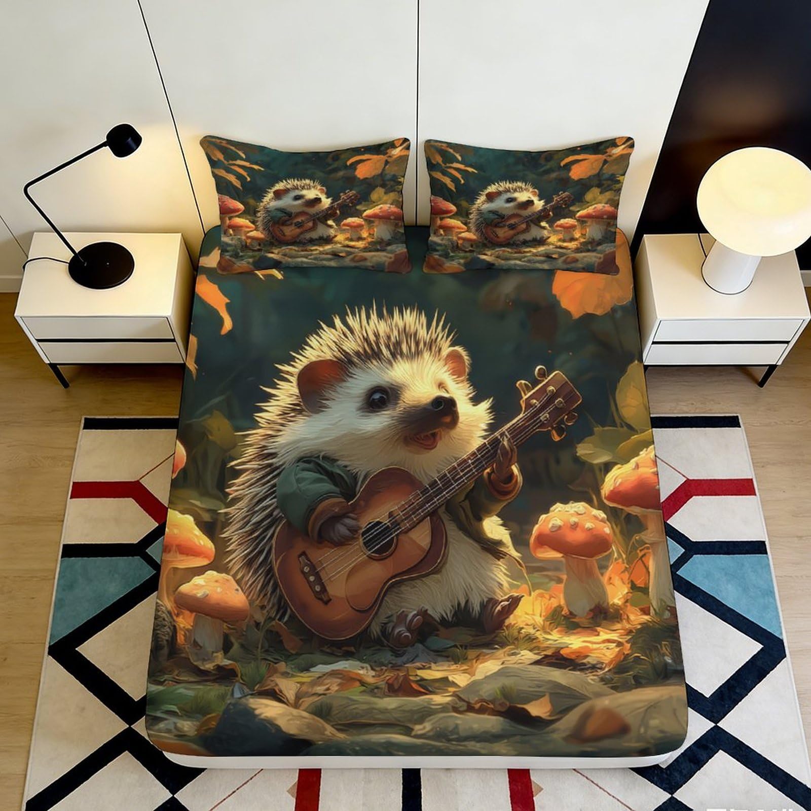 3D Printed Hedgehog Guitar Forest Fitted Sheet Microfiber Anti-Slip Bed Cover for Bedroom Guest Room Decor Dust Protection 200x200x25cm