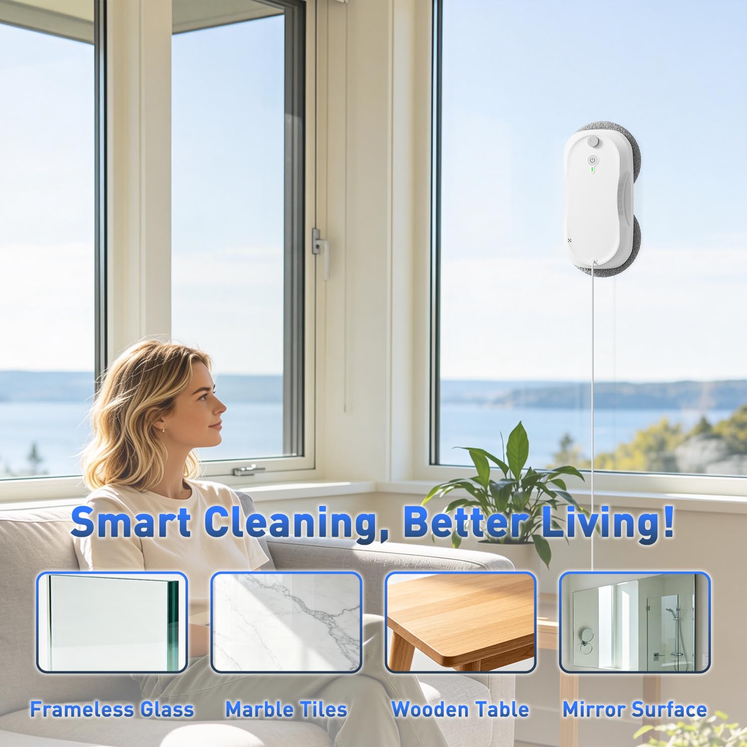 KKI Robot de nettoyage de vitres, robot nettoyeur de fenêtres, double pulvérisation, max 3200 pa, planification de chemin IA et détection des bords, télécommande pour fenêtres hautes, porte en verre