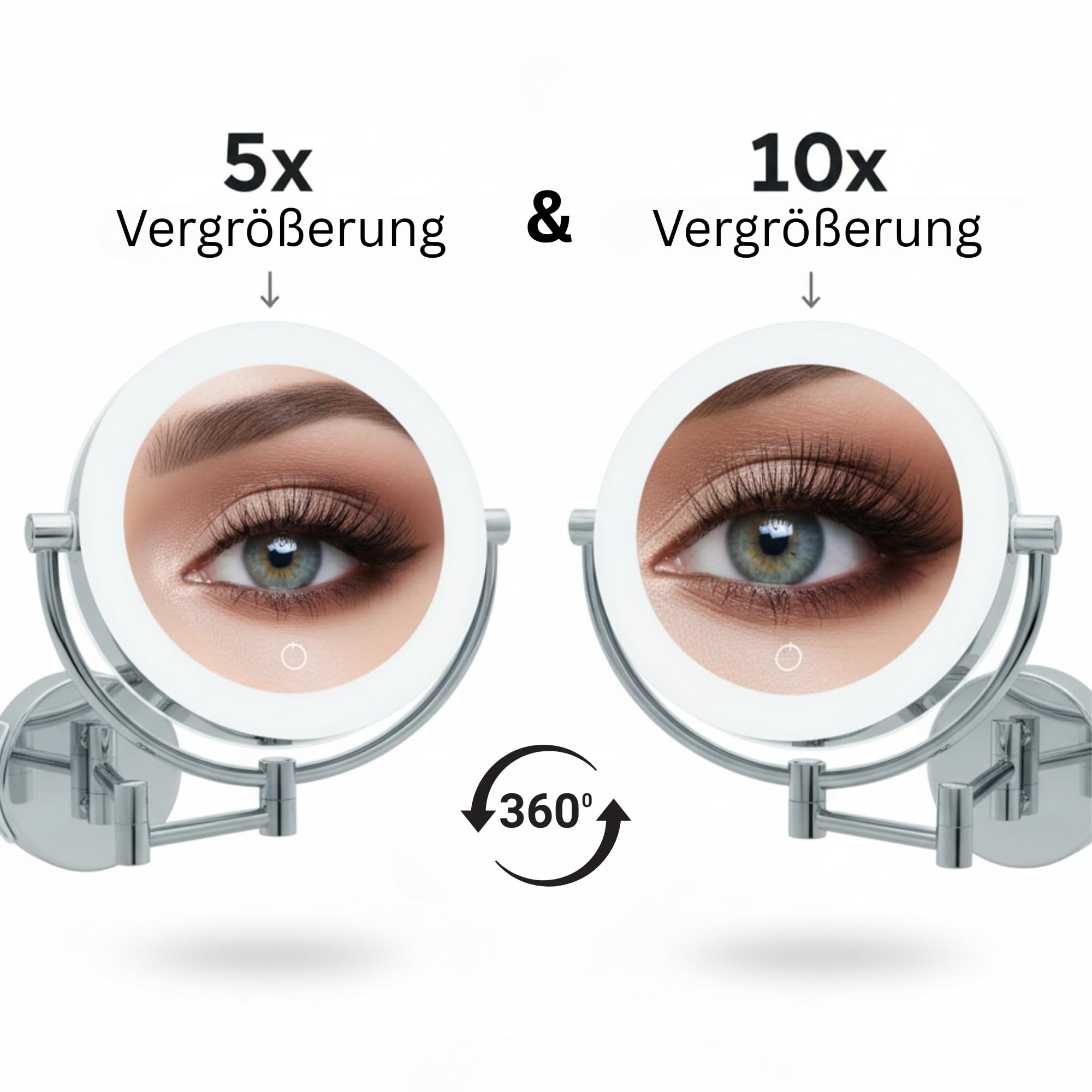 Kosmetikspiegel XXL Tokio – LED Schminkspiegel 5x/10x Vergrößerung – Wandmontage mit Dimmer & Auto-Off – ausziehbarer Beautyspiegel Ø 18,5 cm – Betrieb mit Batterien oder USB-Kabel