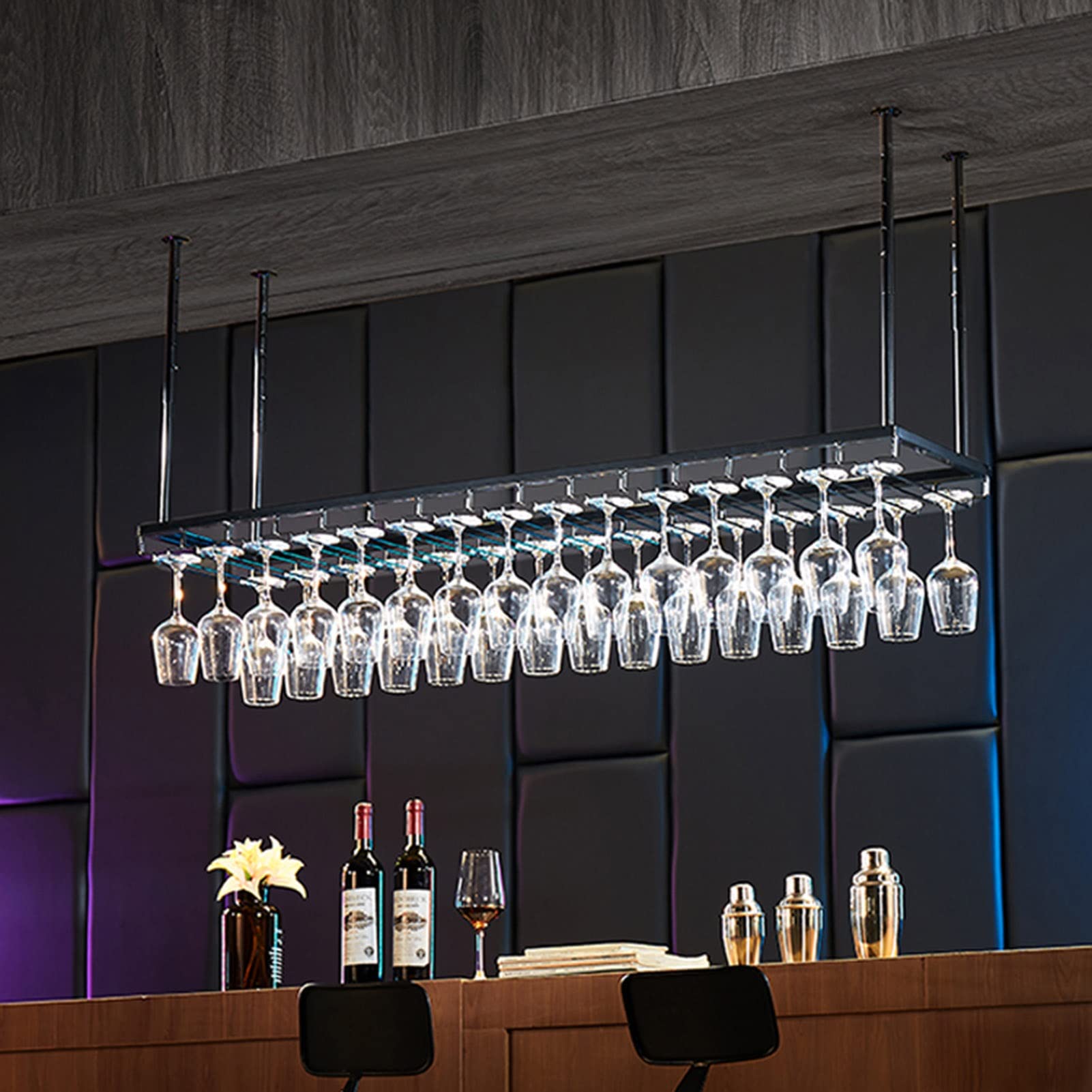 Regulowany sufitowy wiszący stojak na wino czarny ścienny uchwyt na butelki do barów i kuchni 100 cm x 35 cm stylowe rozwiązanie do przechowywania wina idealny do restauracji i wystroju domu