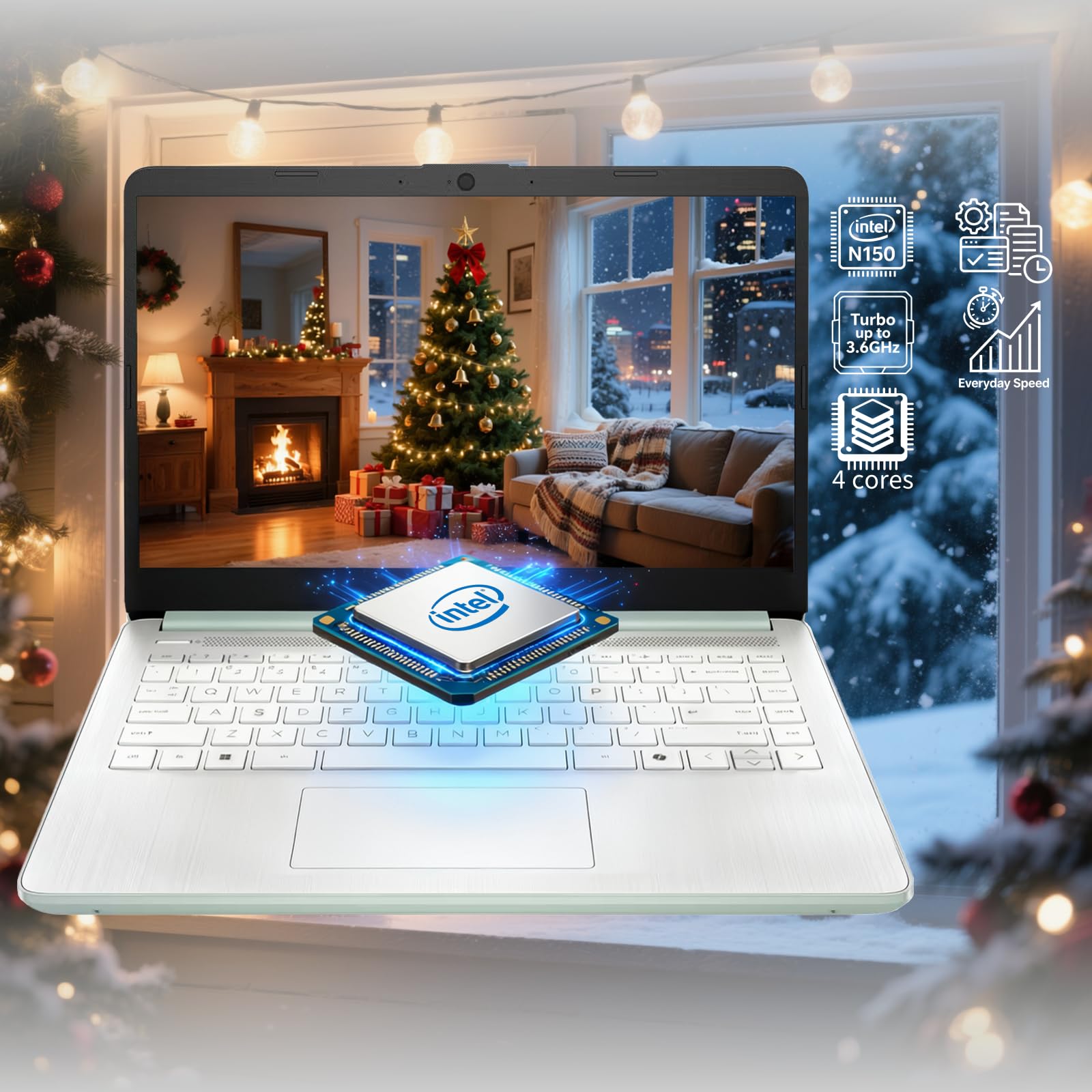 HP 14" Laptop 2025 Business Student Slim Computer, 1-Y Office 365, Copilot AI, Quad-Core Intel CPU, 16GB RAM, 128GB UFS & 256GB SD Card, JQ2XzAccessory, Wi-Fi 6, Win 11 Pro, Green