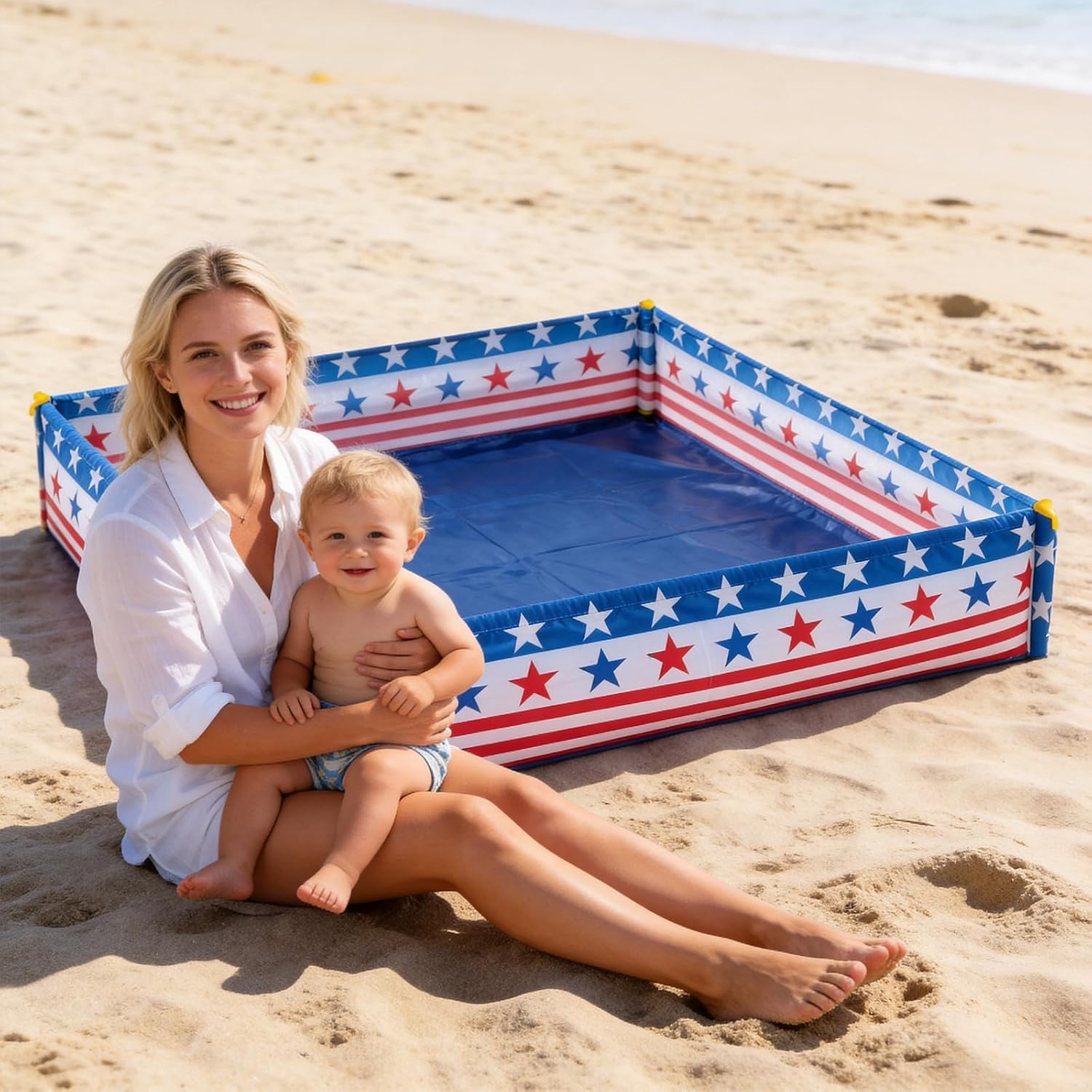 3.3 X 3.3 Ft Portable Beach Square Puddle, American Flag Foldable Beach Pool for Boys Girls Ages 2 3 4 5 6, 4th of July Patriotic Beaches Essentials with Carrying Bag, No Need to Dig Hole and inflate image 5