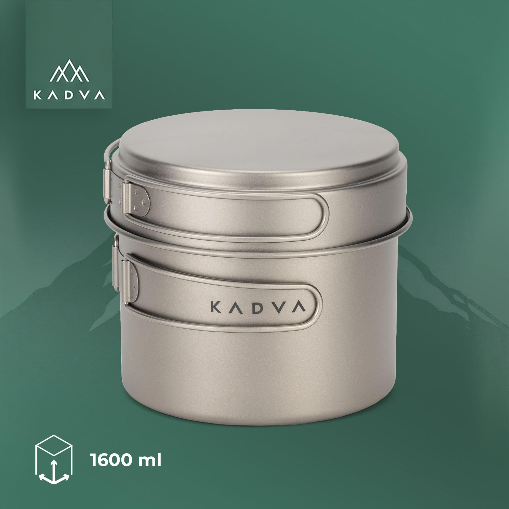 KADVA Titan - Set di pentole da campeggio da 1600 ml, per trekking e attività all'aperto | Set di 2 pentole in titanio con pentola e coperchio come padella, 0,25 kg, colore argento e compatto
