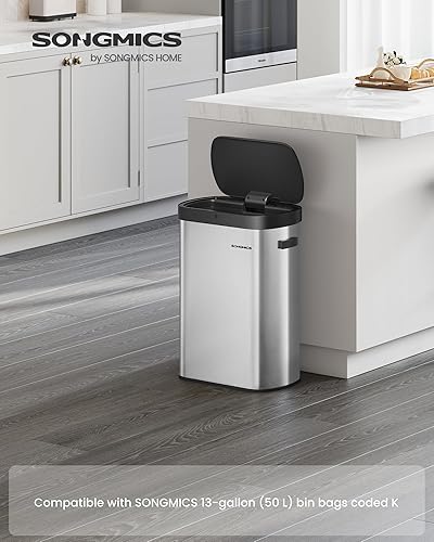 Miniatura 2 de SONGMICS Bote de basura automático con sensor de movimiento, 13 galones (50 L) con tapa de cierre suave, acero inoxidable, onda o táctil para abrir,
