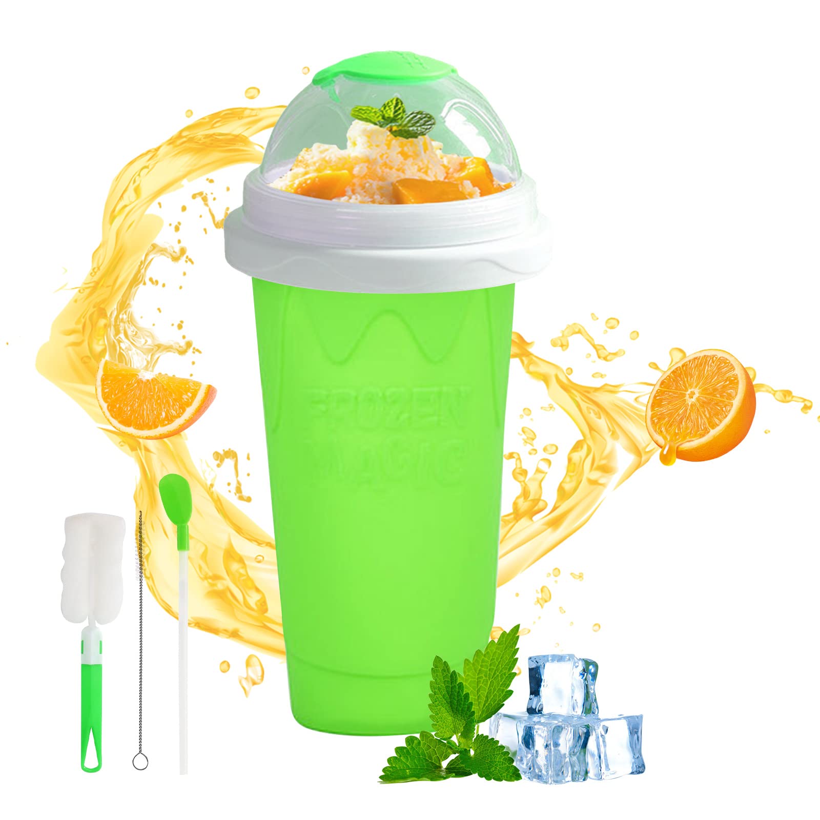 Slushy Maker Cup, Frozen Magic Slushie Maker Cup, Quick Cooling Maker Cups with Lids and Straws, Double Layer Silicone Smoothie Cup, Cool Fun Stuff Things Gadgets for Everyone (Green)