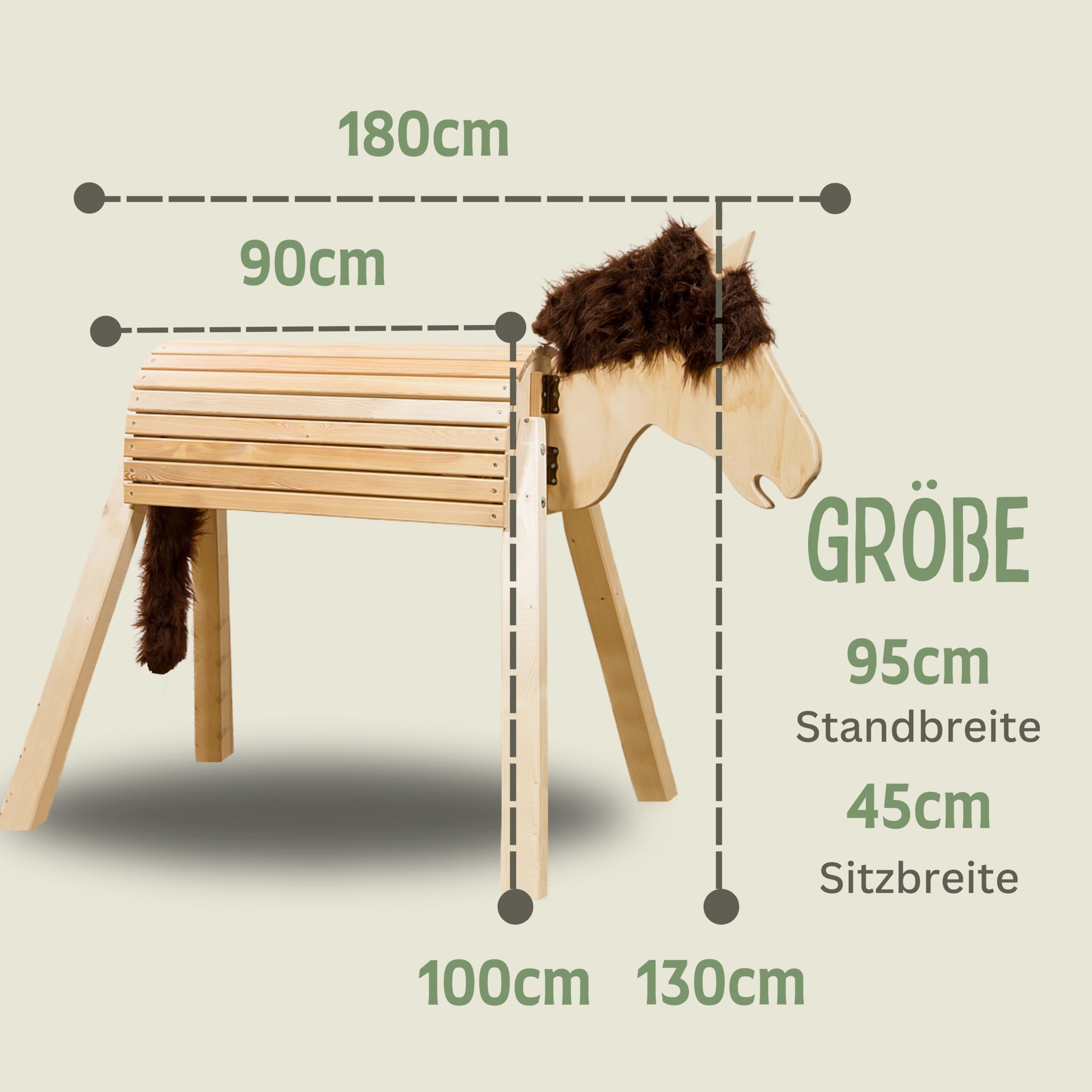 Bausatz 100cm für draußen Reitpferd Garten Voltigierbock für Kinder, Stehpferd groß, Gartenpferd handgefertigt aus Deutschland, Voltigierpferd Holzpony mit Mähne