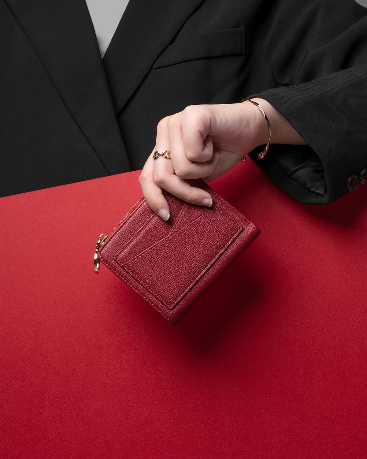 Genuine Leather Wallet for Women RFID Blocking Bifold Large Capacity with ID Window & Zipper Pocket (Dark Red)