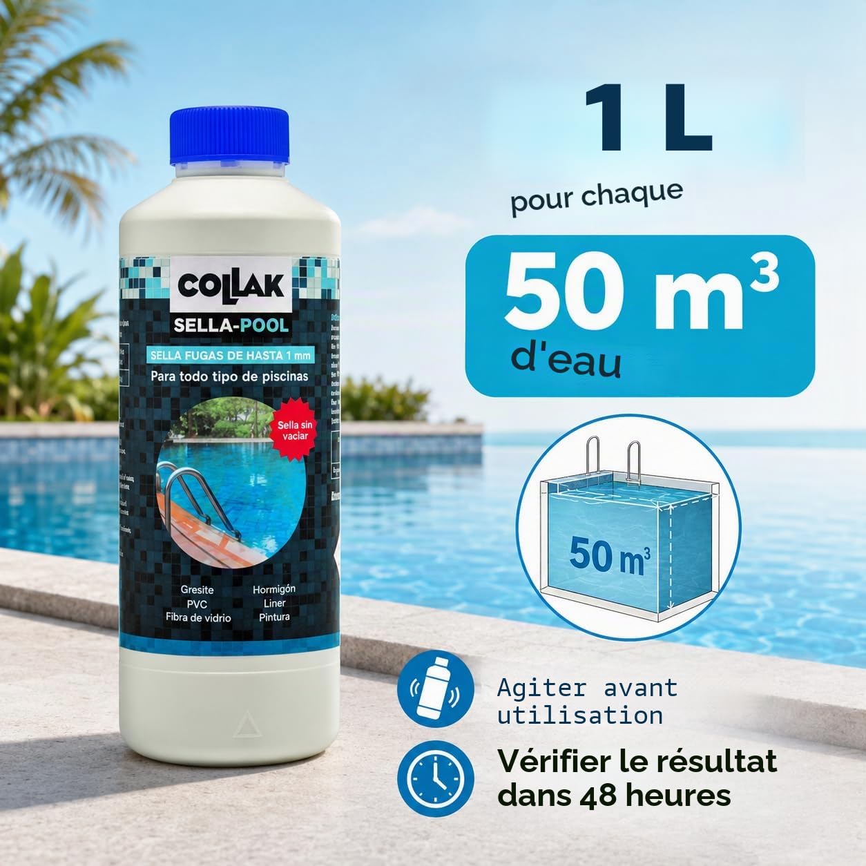 Collak - Scellant de Fuites pour Piscines Scella-Pool 1L – Répare les Fissures sans Vidanger – Compatible avec Liner, Béton, PVC, Fibre, SPA, Réservoirs et Tuyaux – Usage Professionnel et Domestique