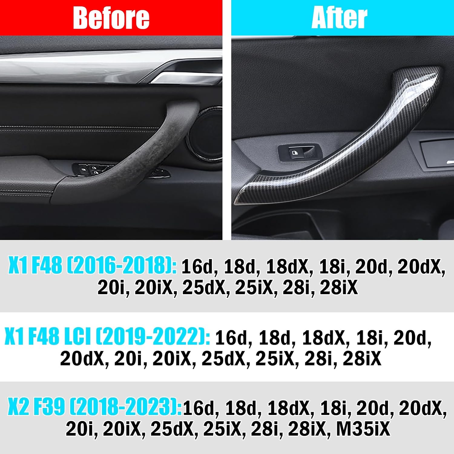 Jaronx Compatible with BMW X1/X2 Door Handle Cover, Left Side Carbon Fiber Pattern Doors Handle Outer Covers Replacement Compatible with BMW X1 F48 2016-2022, X2 F39 2018-2023
