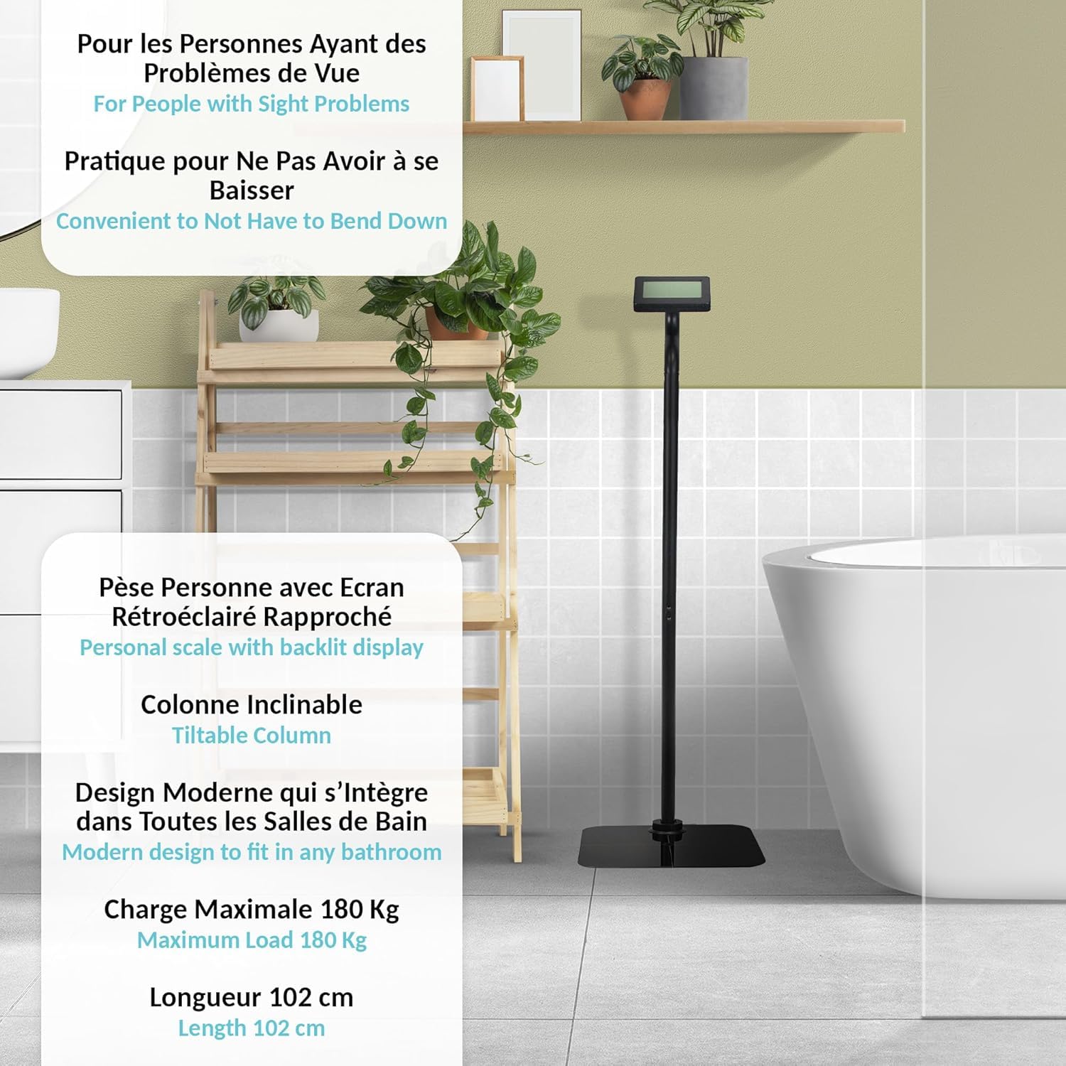 Vibell Pesa Persona Easy Reading con schermo ravvicinato – Bilancia, grande schermo e lettura in altezza, ultra piatta, grandi cifre, retroilluminazione – Carico massimo di 180 Kg, nero