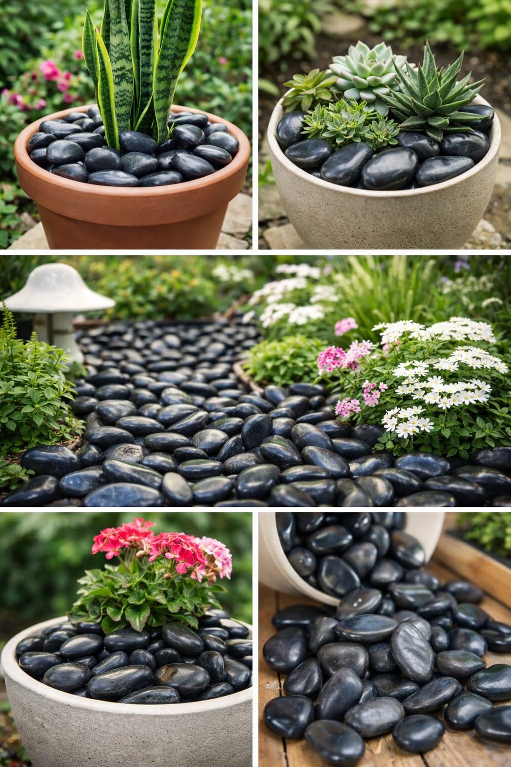 Bolsa de 8 kg de Piedras negras para decoracion de jardines exteriores o interiores, Tamaño medianao (40/80) resistentes a la humedad y al sol. (8 kG)