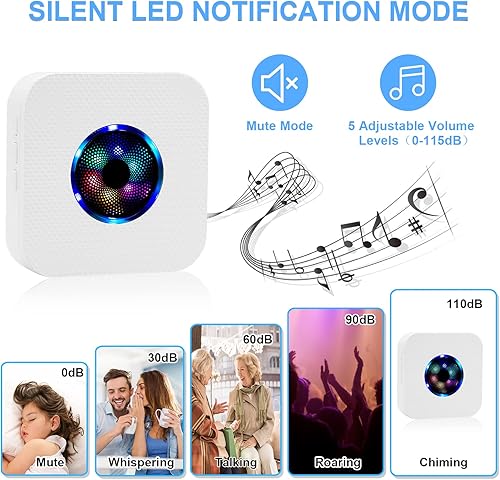 Miniatura 5 de HUWOO Timbre inalámbrico impermeable para puerta, timbre para hogar, oficina, negocios, aula, luz LED de 7 colores que funciona a 1000 pies, 55