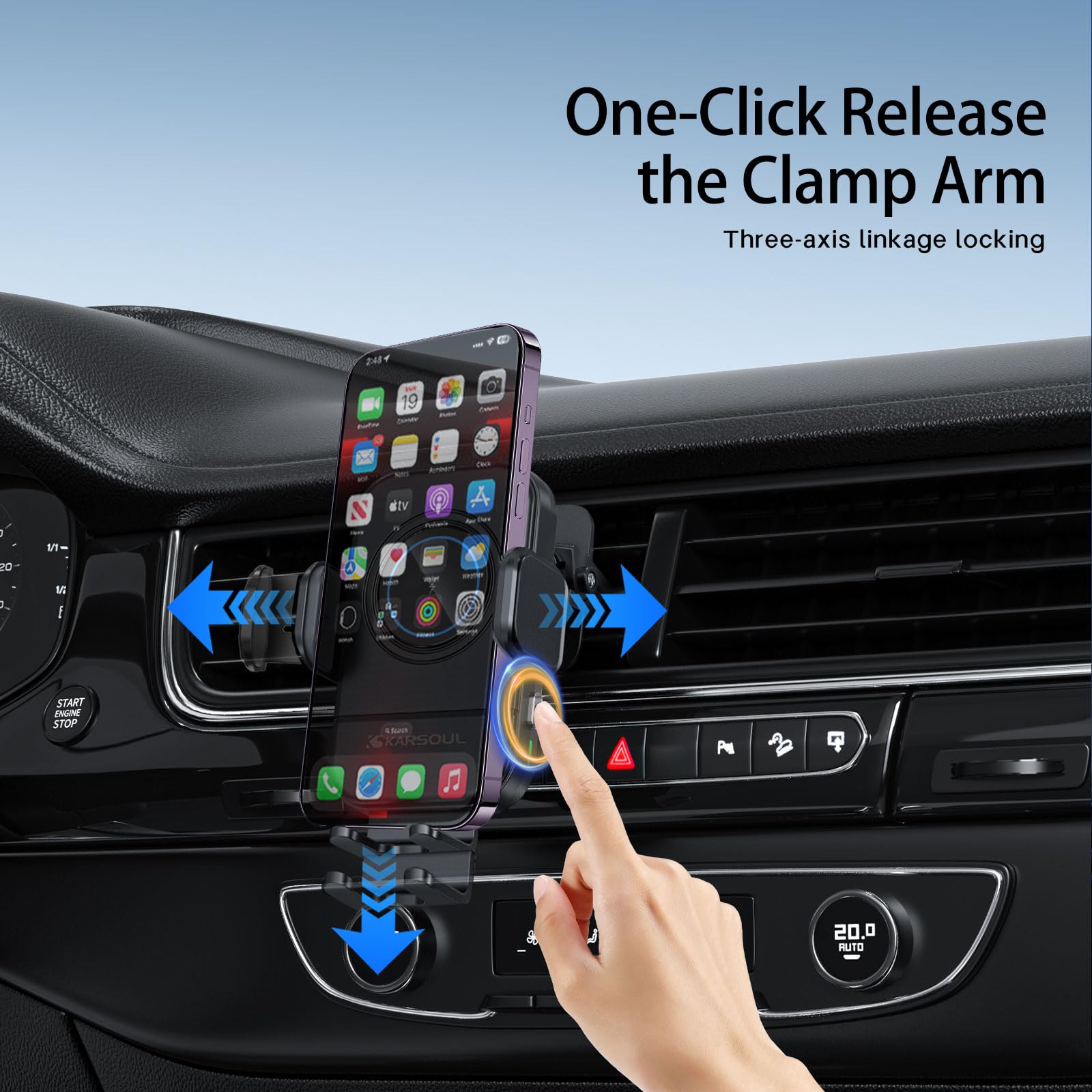 Karsoul Supporto Telefono Auto Caricatore Wireless 15W, Morsetto Automatico con Raffreddamento per Telefono 16/15/14, Galaxy S25/S24,Rotazione A 360° per Bocchetta Aria/Cruscotto/Parabrezza
