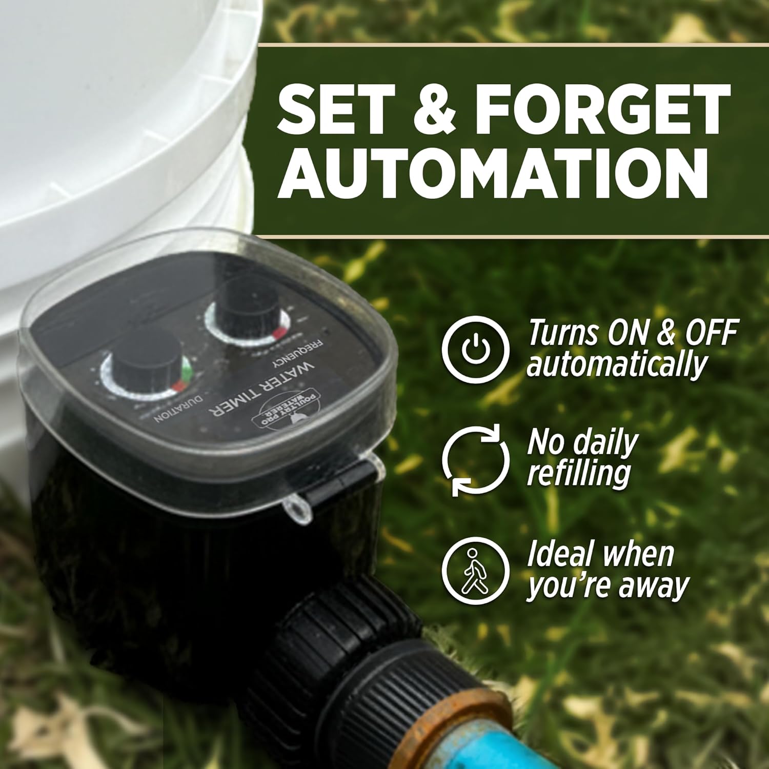 Poultry Pro Automatic Chicken Waterer & Timer Bundle – 5 Gallon Poultry Watering System with Hose Timer, DIY Gravity Fed Chicken Water Dispenser for Coop, Ducks, Quail & Backyard Chickens