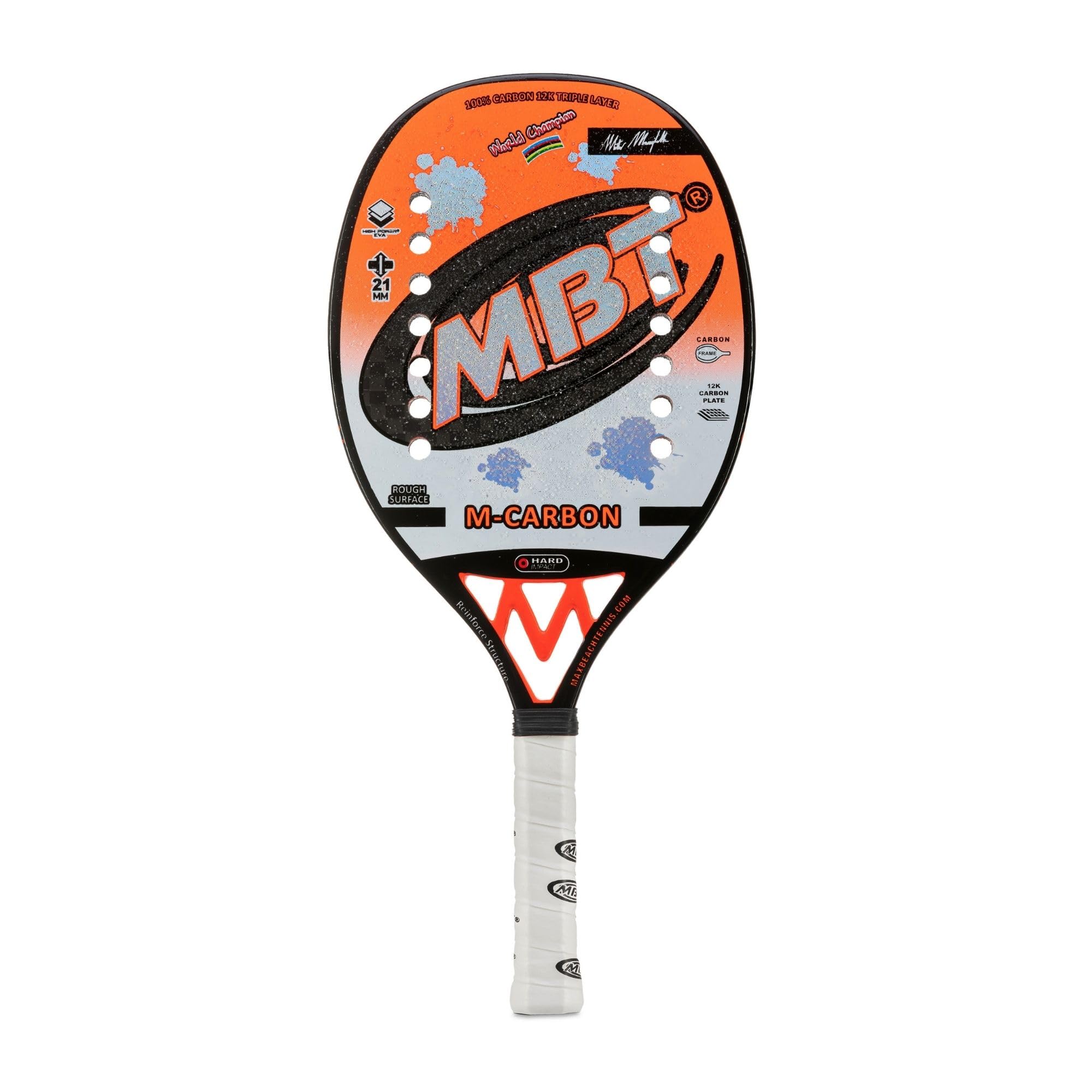 MBT M-CARBON, Racchetta Beach Tennis 100% Carbonio 12K - Trattamento Super Grip - Eva High Power – Leggera e Bilanciata – Profilo 21 mm - Custodia inclusa - firmata Matteo Marighella