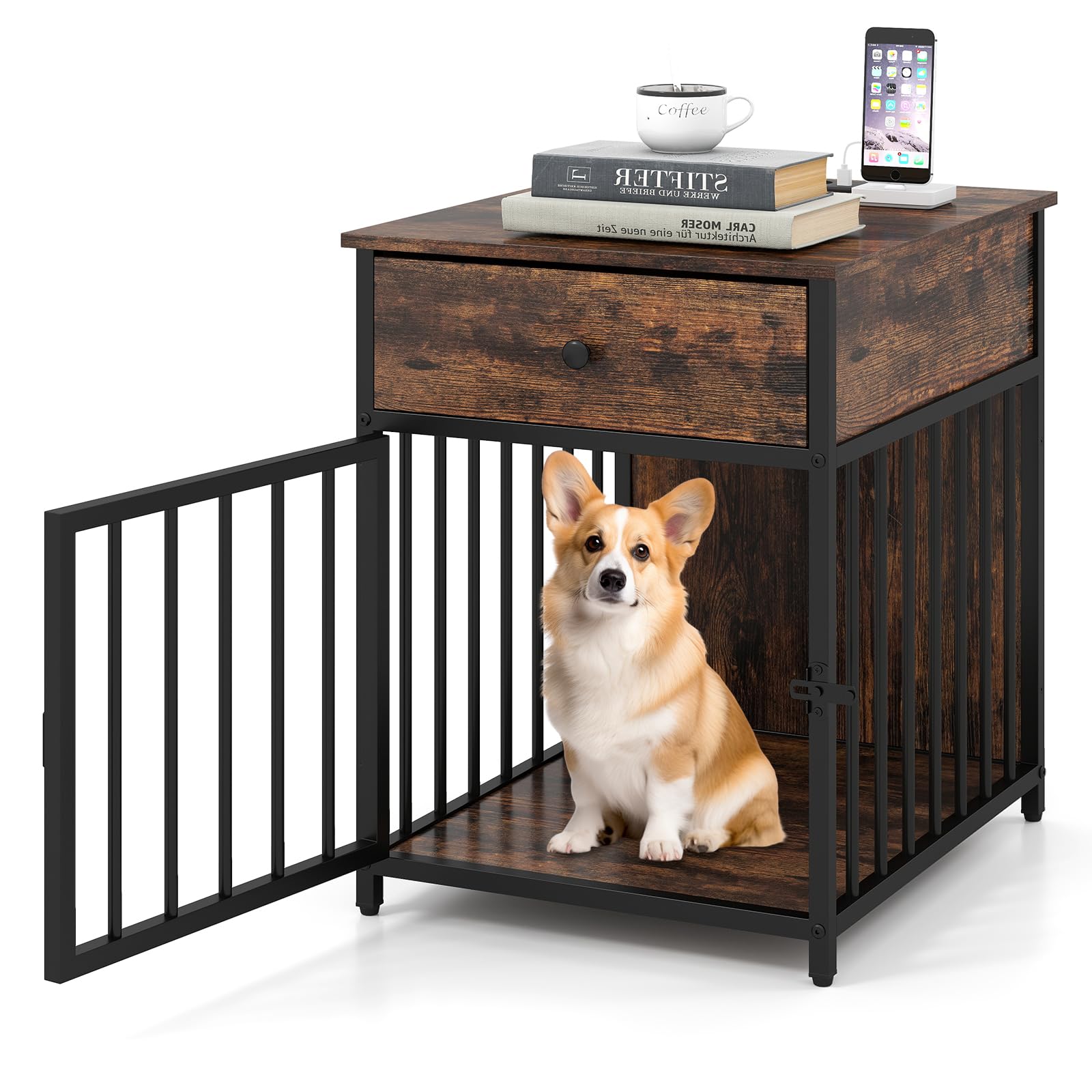 COSTWAY Hundekäfig Möbel, Hundebox für Zuhause mit Ladestation, Tür, Schublade & Metallrohren, Hundehütte Beistelltisch Nachttisch, für kleine & mittlere Hunde, Vintagebraun, 50 x 60 x 64 cm