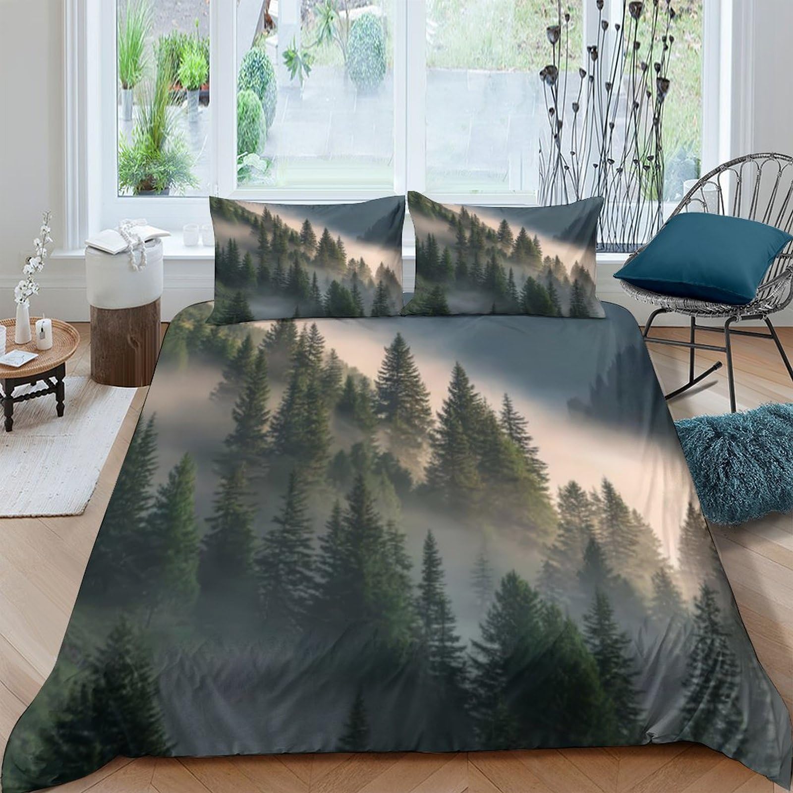 Ctjqhvkz Style-9 3D Printed Misty Pine Forest Fitted Sheet Microfiber Soft Green Woodland Mattress Cover For Bedroom Guest Room Decor Single（135X200cm）