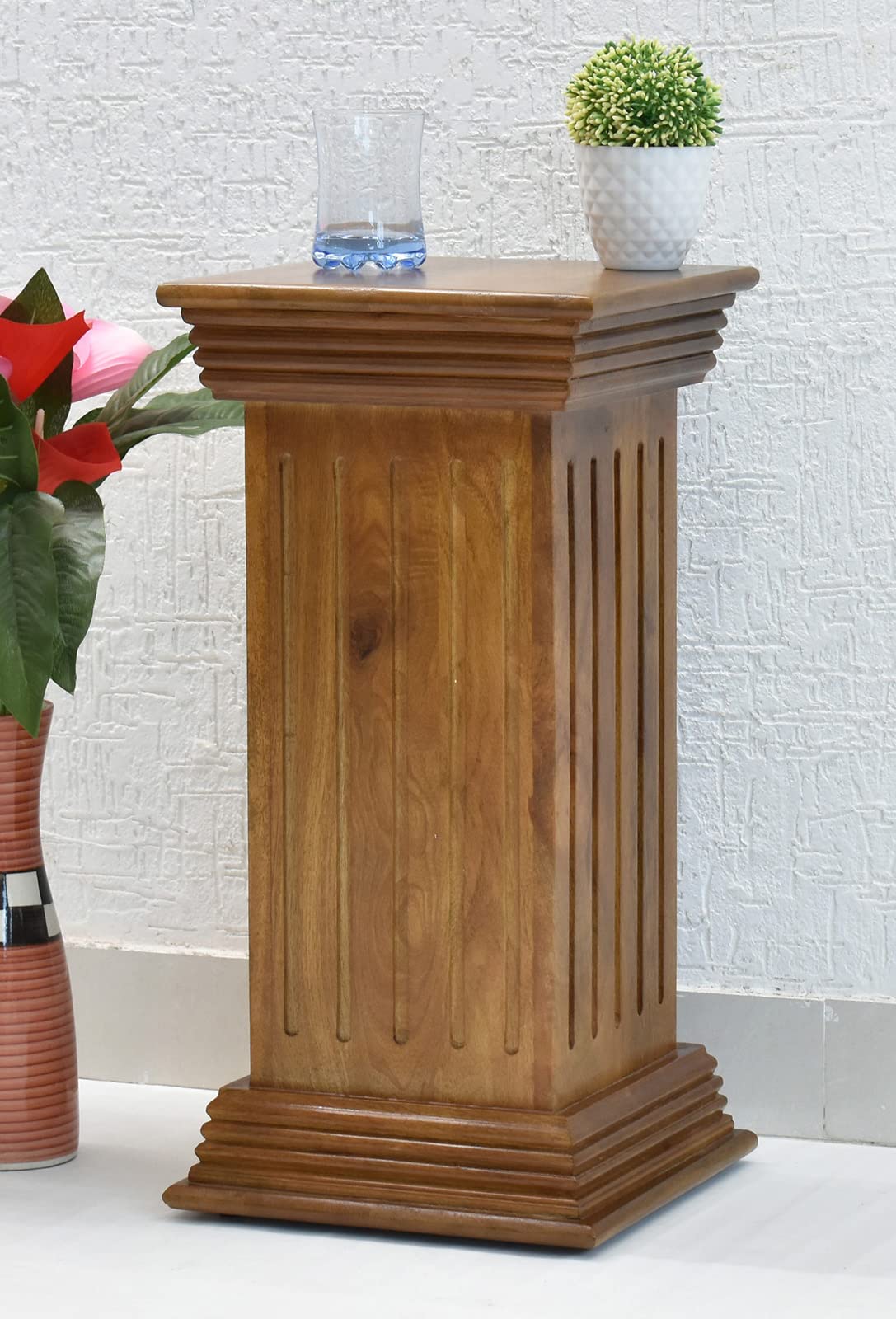 Solid Sheesham Wood (Rosewood) Multipurpose Pedestal/Pillar/End Table/Vase Stand/Lamp Stand/Side Table (Lacquer Finish, Natural Teak)