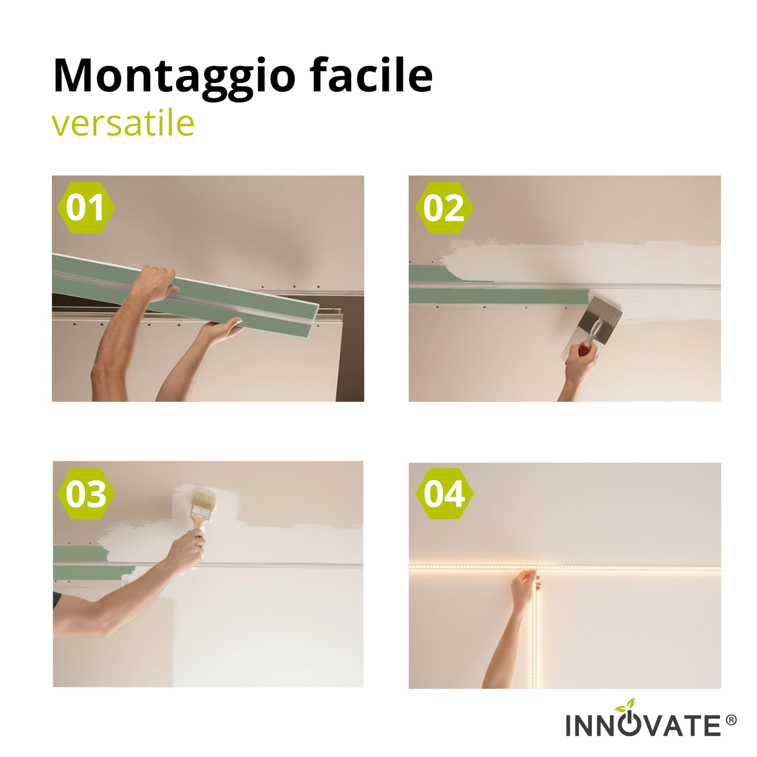 INNOVATE Binario tenda soffitto Cartongesso [incl. copertine e inserti] Profilo alluminio per LED striscia e Tende per interni I Bastone tenda Cucina bagno salotto Bastoni tende (1 Binario, 200 cm)
